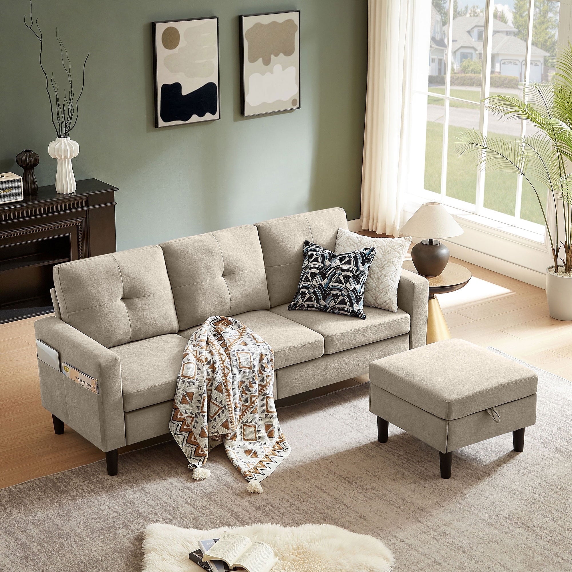 Pingliang Home Convertible Sectional Sofa with Footstool Living Room Sofa Couch with Storage Ottoman and Side Pockets,Modern 3 Seat L Shaped Couches