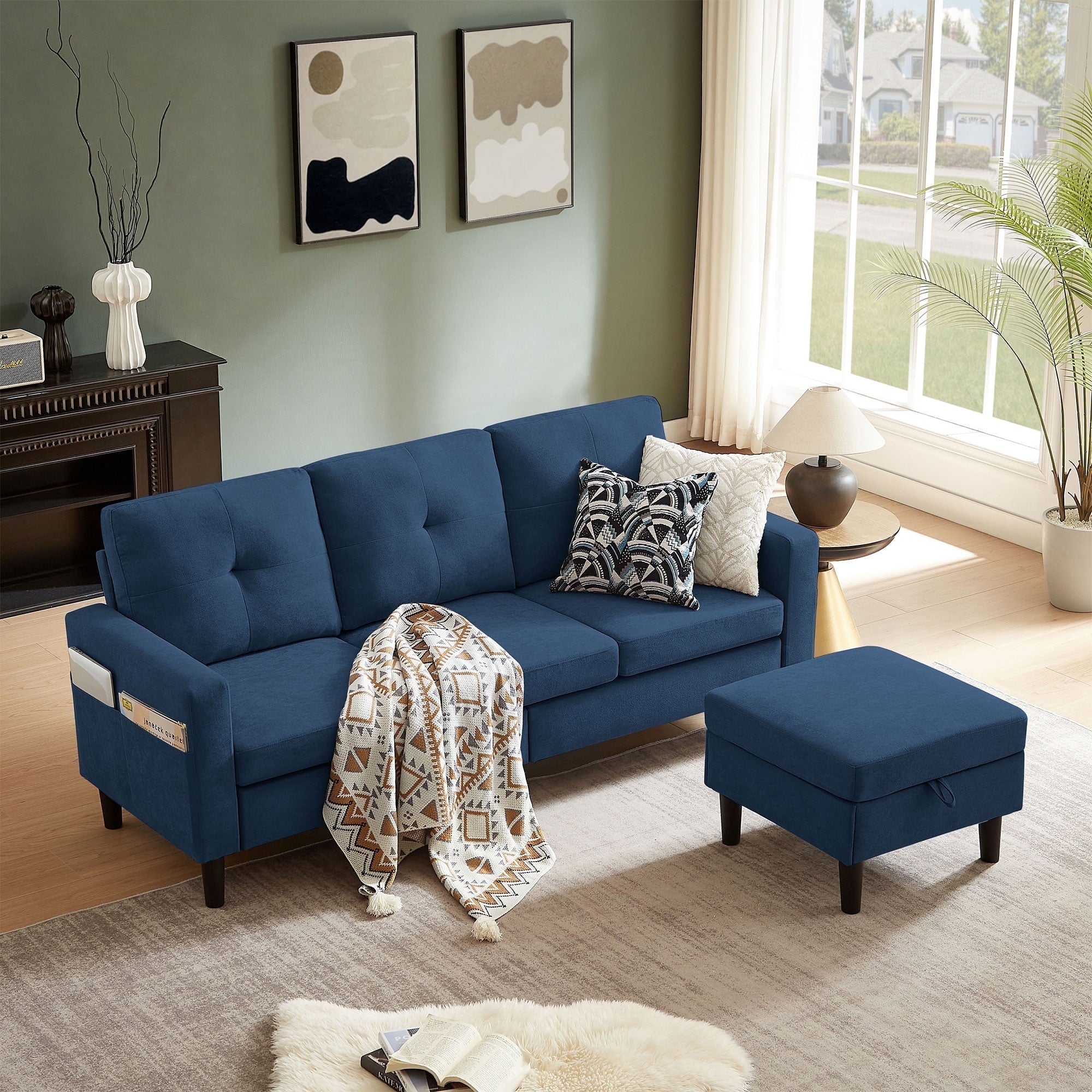 Pingliang Home Convertible Sectional Sofa with Footstool Living Room Sofa Couch with Storage Ottoman and Side Pockets,Modern 3 Seat L Shaped Couches