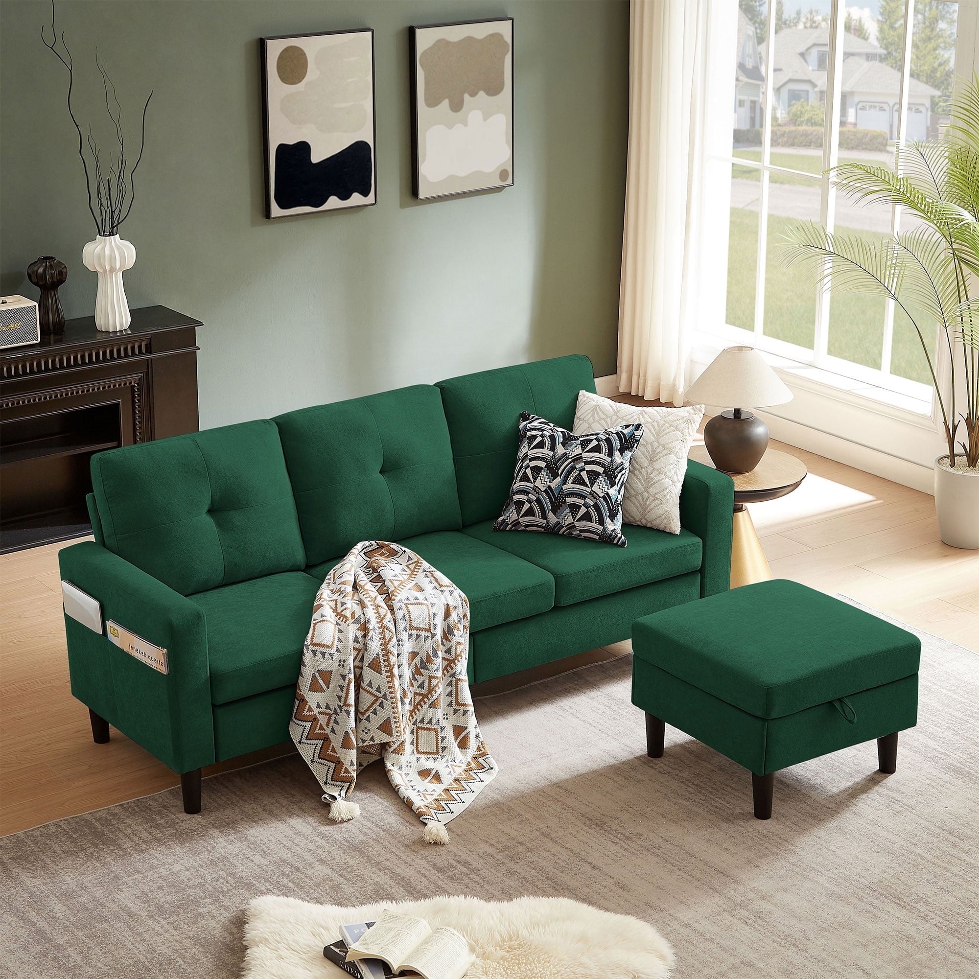 Pingliang Home Convertible Sectional Sofa with Footstool Living Room Sofa Couch with Storage Ottoman and Side Pockets,Modern 3 Seat L Shaped Couches