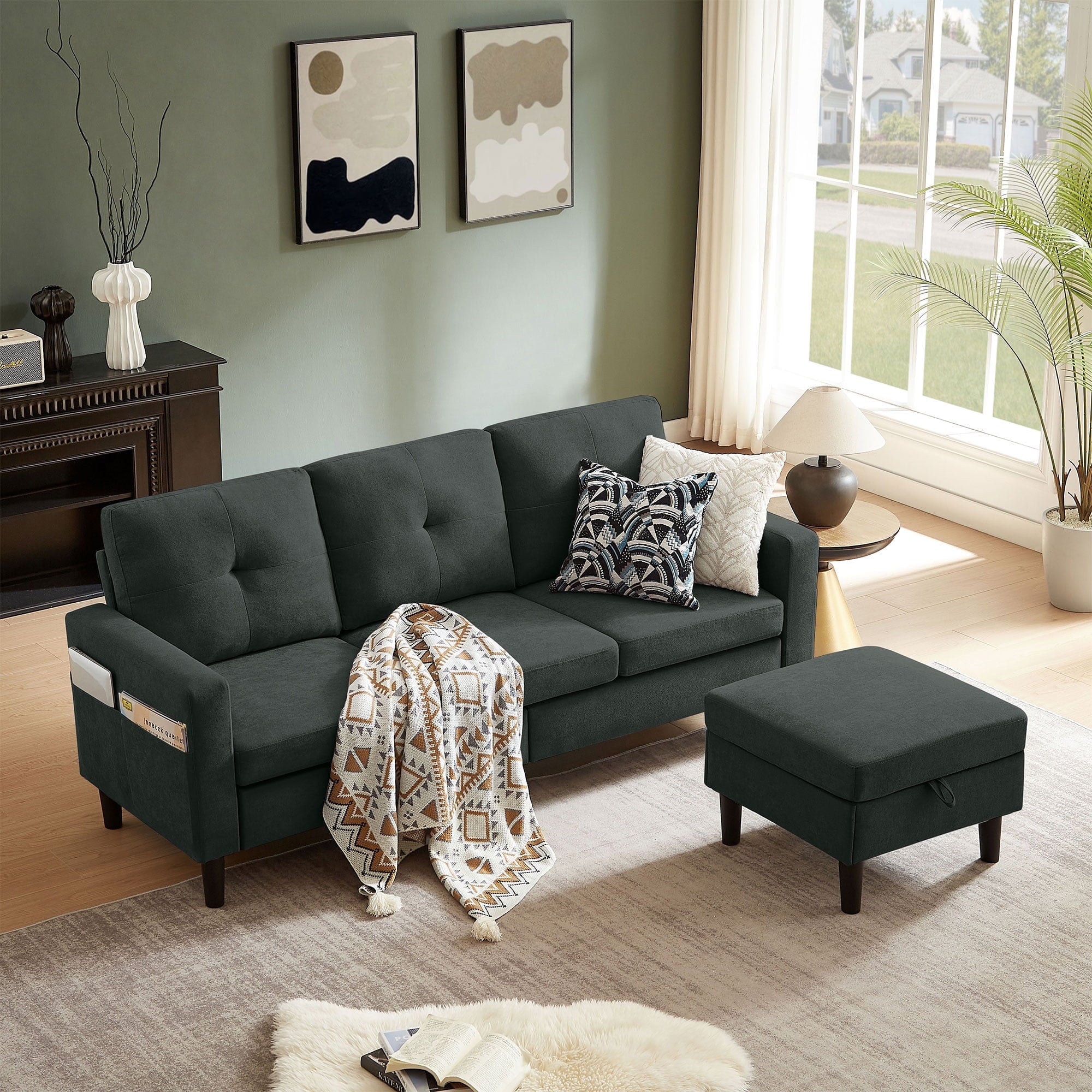 Pingliang Home Convertible Sectional Sofa with Footstool Living Room Sofa Couch with Storage Ottoman and Side Pockets,Modern 3 Seat L Shaped Couches