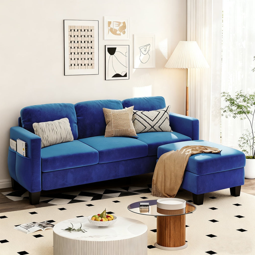 Pinmoco L-Shaped Sectional Sofa Couch for Living Room, 3 Seat Velvet Convertible Sofa with Movable Storage Ottoman and Side Pockets, Gray