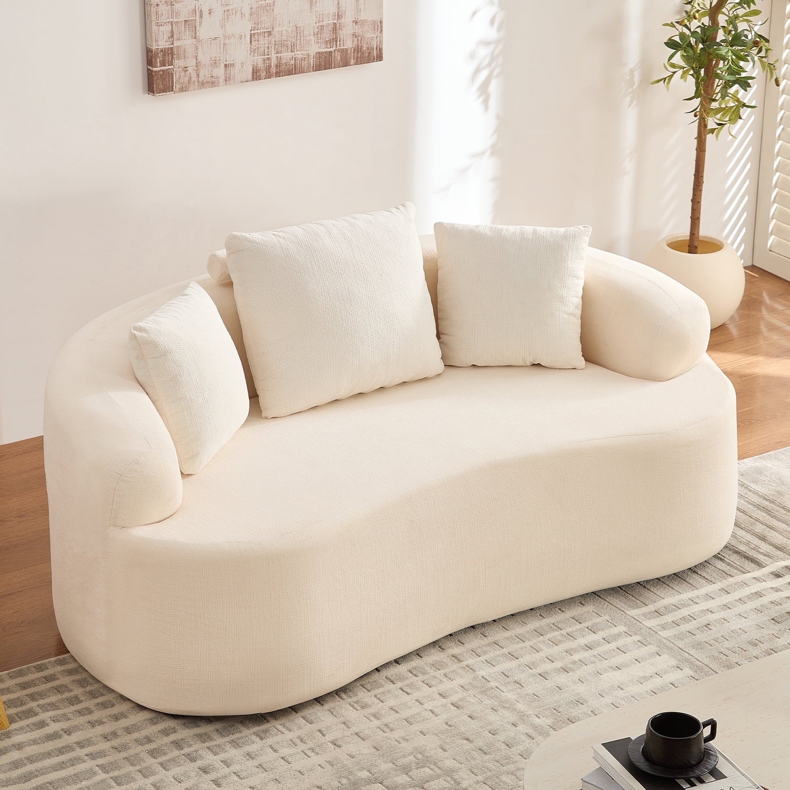 Puremind 67"W Curved Loveseat, Upholstered Chenille Sofa with Three Throw Pillows, Floor Sofa Couch for Living Room/Small Space, No Assembly Required, Dark Gray