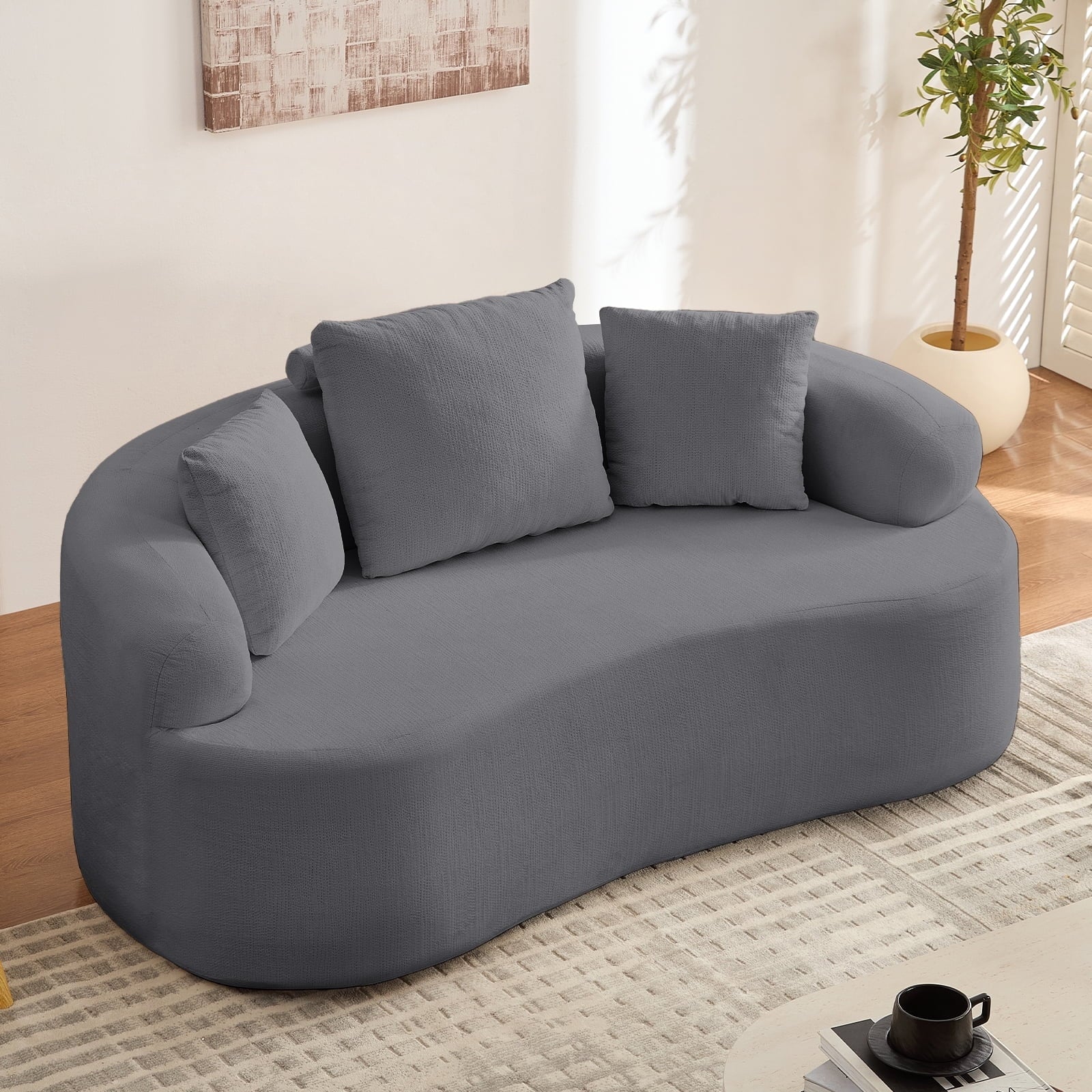Puremind 67"W Curved Loveseat, Upholstered Chenille Sofa with Three Throw Pillows, Floor Sofa Couch for Living Room/Small Space, No Assembly Required, Dark Gray