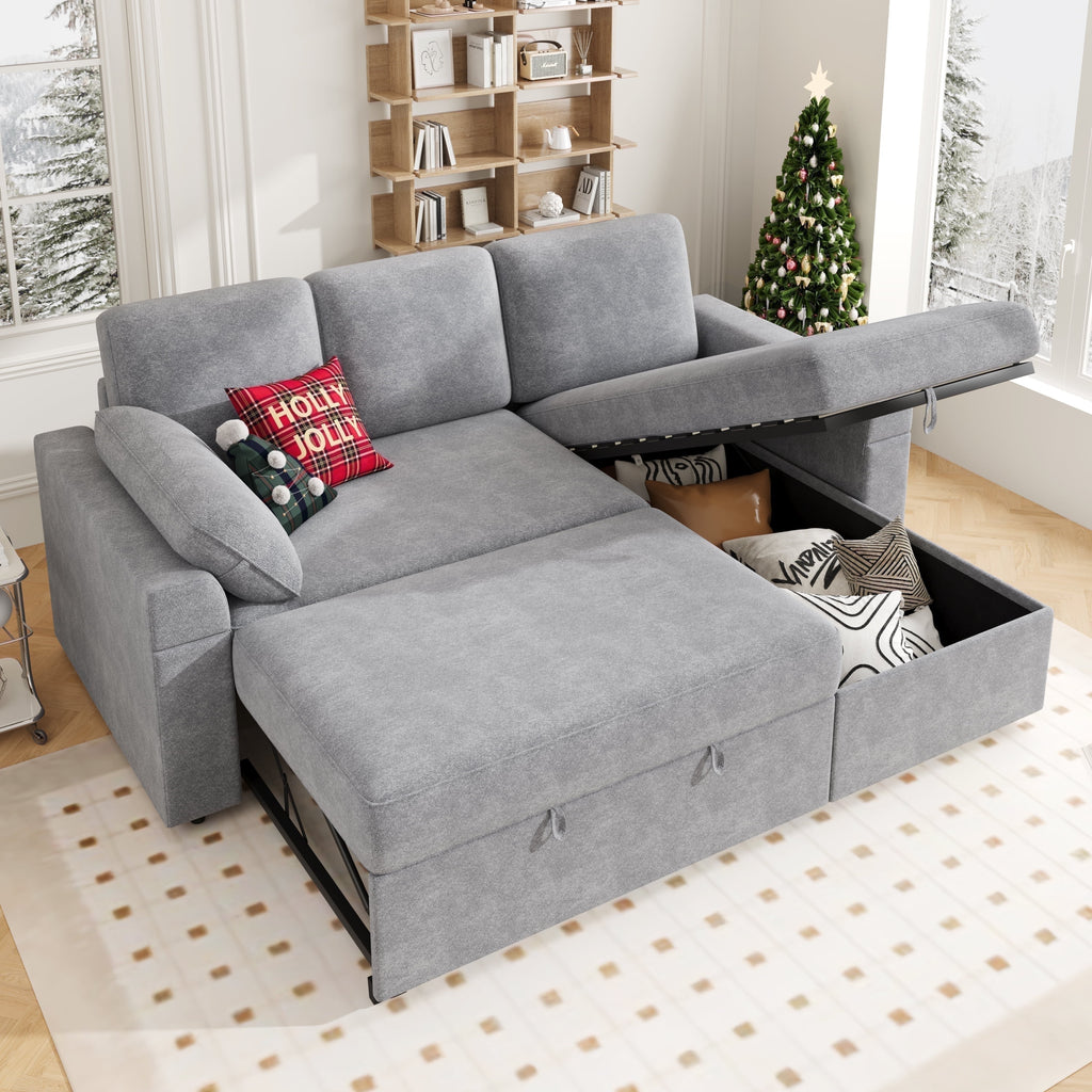 VANACC 91" Sectional Sofa Bed with Storage,Reversible Pull Out Sleeper Couch for Living Room,Grey