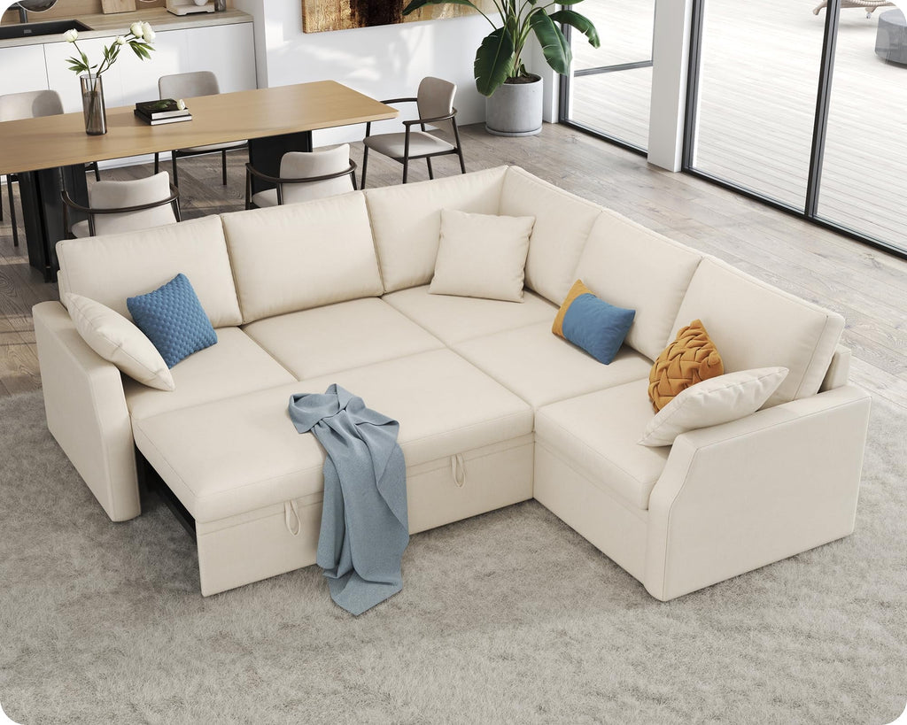 VANACC Sofa Bed, 85 Inch Sleeper Sofa with Pull Out Sofa Bed, L Shaped Couch with Storage Seat, Sectional Couches for Living Room Apartment, Beige Linen Sofa Couch