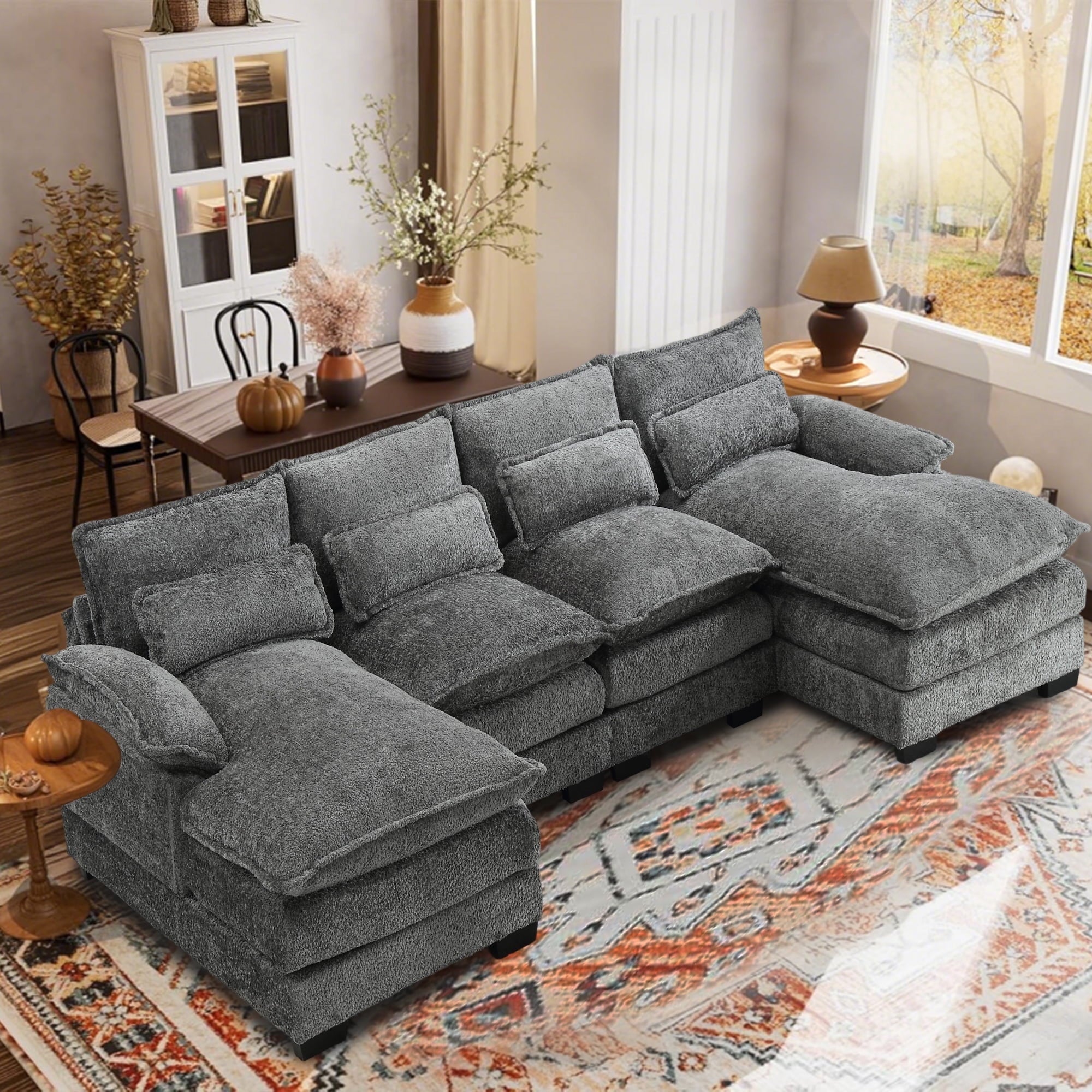 Villeston Modern U-Shape Sectional Sofa , 4 Seat Lounge Sleeper with Double Chaise for Living Room,Beige