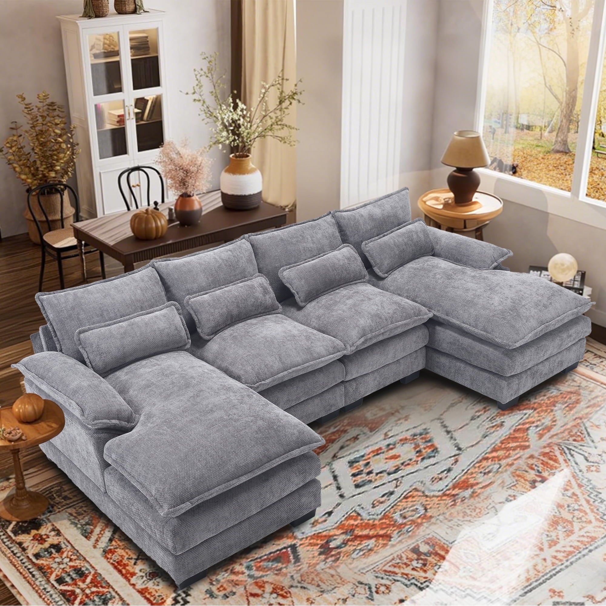 Villeston Modern U-Shape Sectional Sofa , 4 Seat Lounge Sleeper with Double Chaise for Living Room,Beige