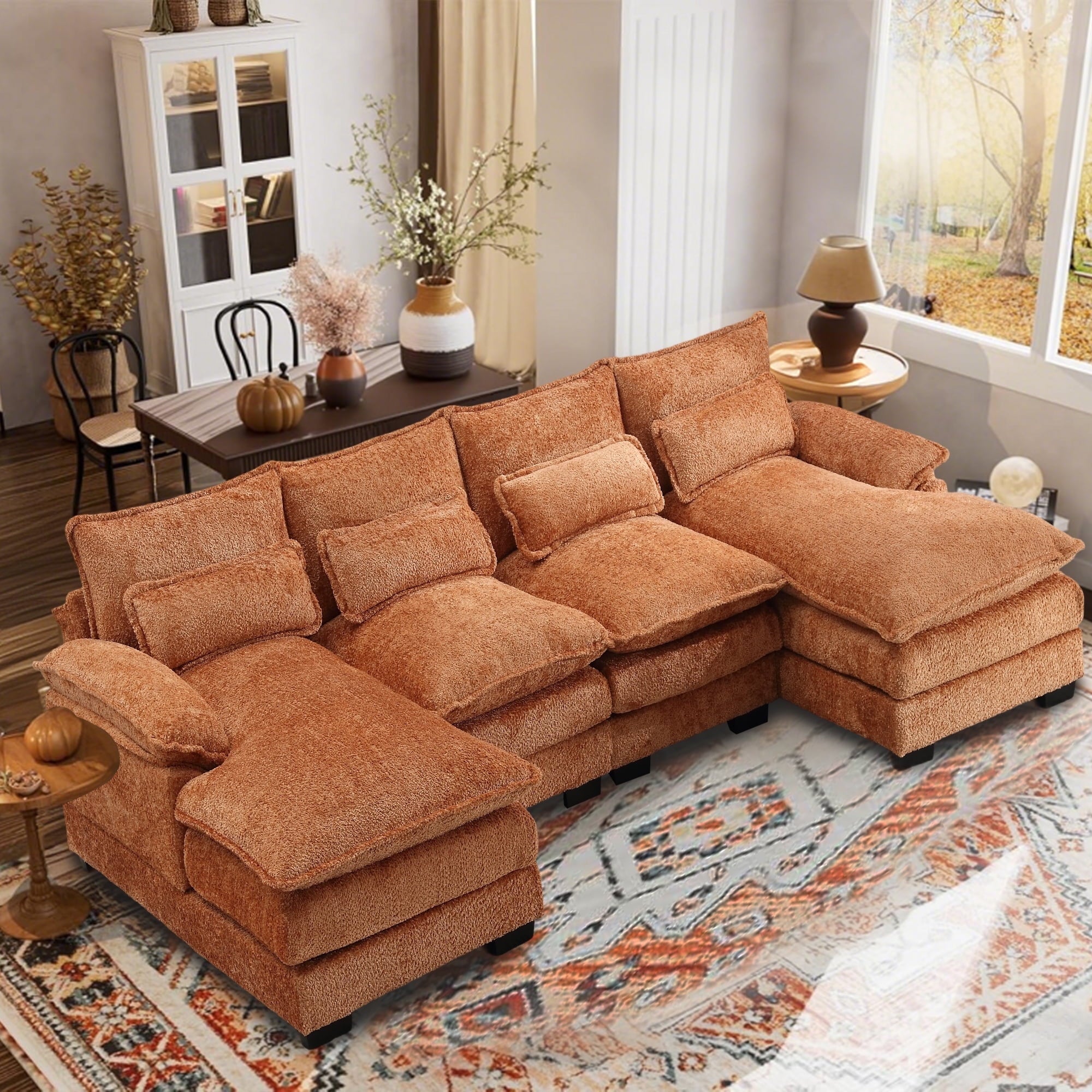 Villeston Modern U-Shape Sectional Sofa , 4 Seat Lounge Sleeper with Double Chaise for Living Room,Beige