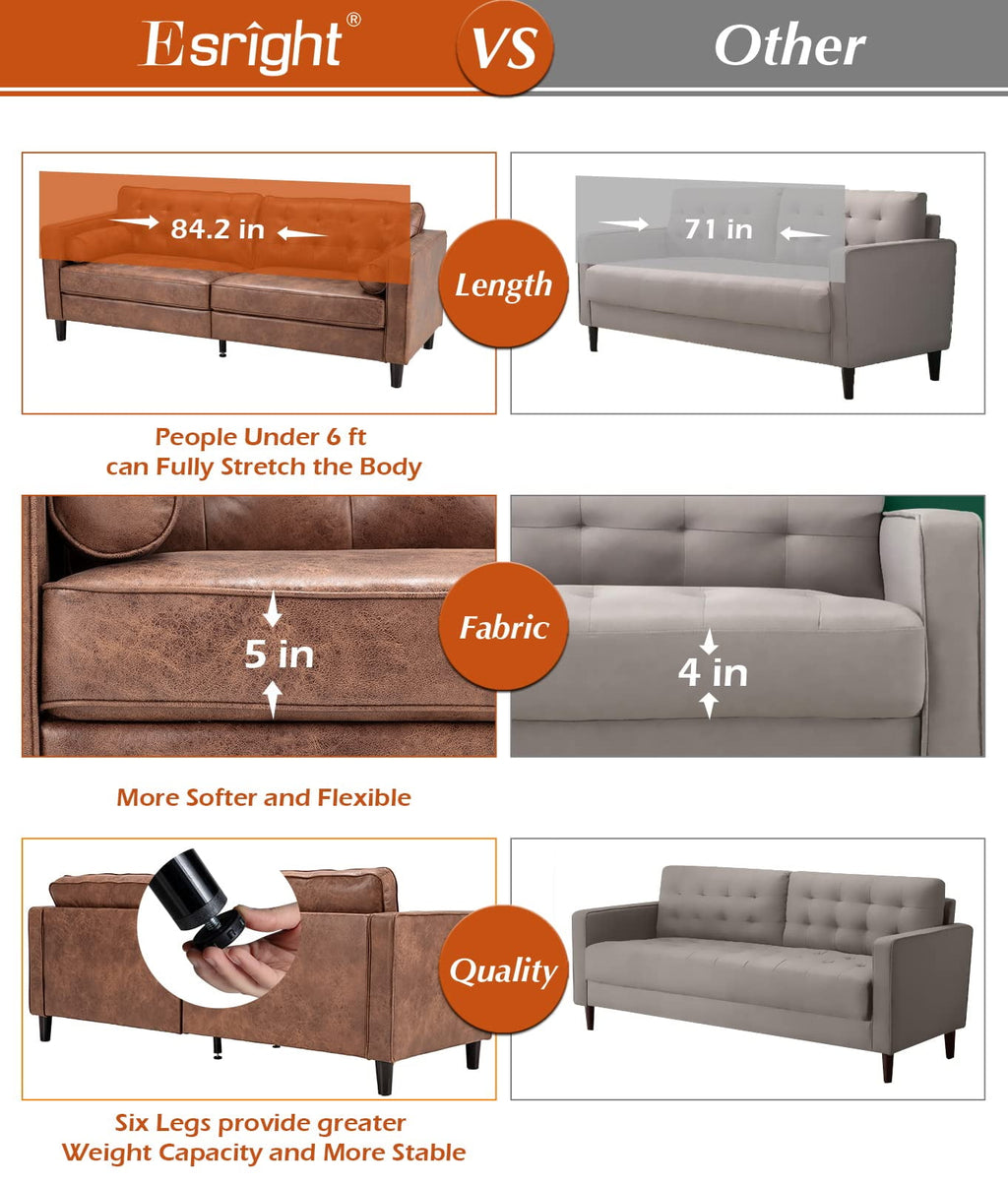 AECOJOY Leather Couch Sofa 84.2" Mid-Century Sectional Sofa 3 Seater Office Sofa on Clearance,Saddle Brown