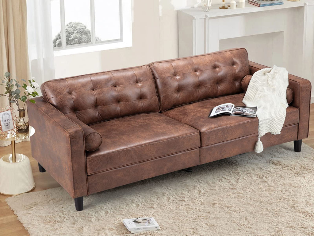 AECOJOY Leather Couch Sofa 84.2" Mid-Century Sectional Sofa 3 Seater Office Sofa on Clearance,Saddle Brown