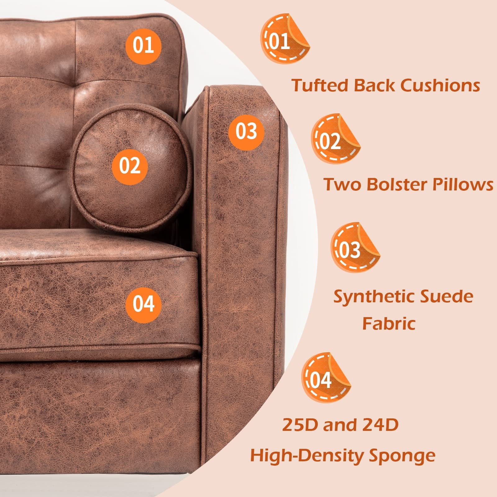 AECOJOY Leather Couch Sofa 84.2" Mid-Century Sectional Sofa 3 Seater Office Sofa on Clearance,Saddle Brown
