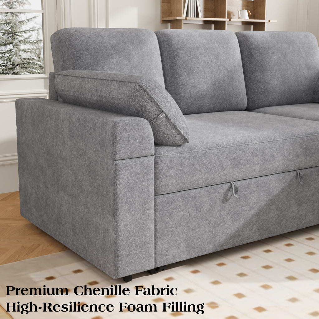 VANACC 91" Sectional Sofa Bed with Storage,Reversible Pull Out Sleeper Couch for Living Room,Grey