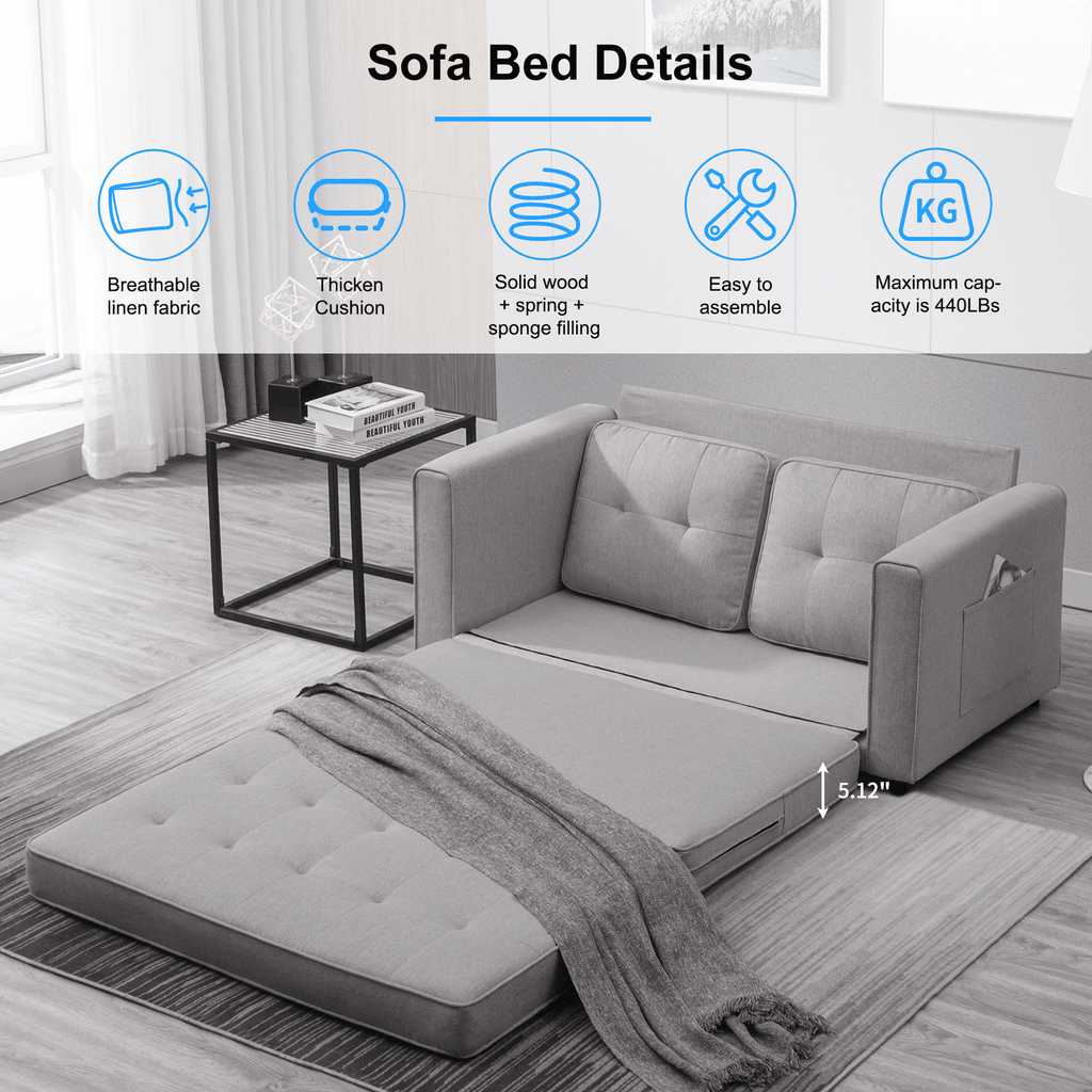 BALUS Loveseat Sleeper Sofa, 55.5"*84.5" Convertible Futon Sofa Bed with Pull out Couch, Folding couch bed,Linen, Light Grey