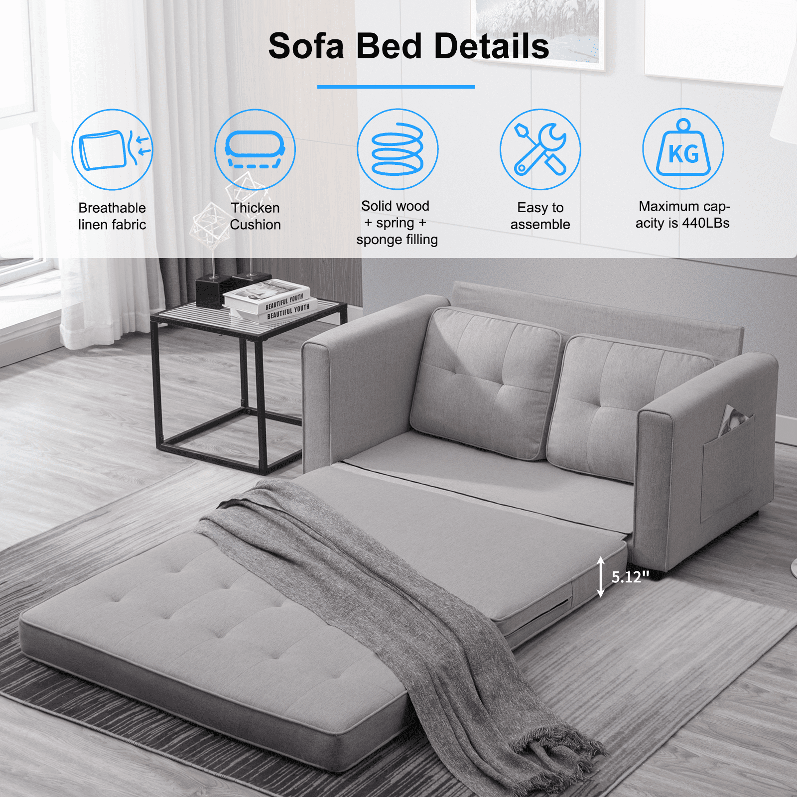 BALUS Loveseat Sleeper Sofa, 55.5"*84.5" Convertible Futon Sofa Bed with Pull out Couch, Folding couch bed,Linen, Light Grey