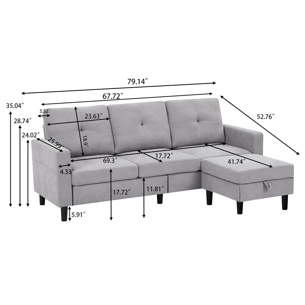 Pingliang Home Convertible Sectional Sofa with Footstool Living Room Sofa Couch with Storage Ottoman and Side Pockets,Modern 3 Seat L Shaped Couches