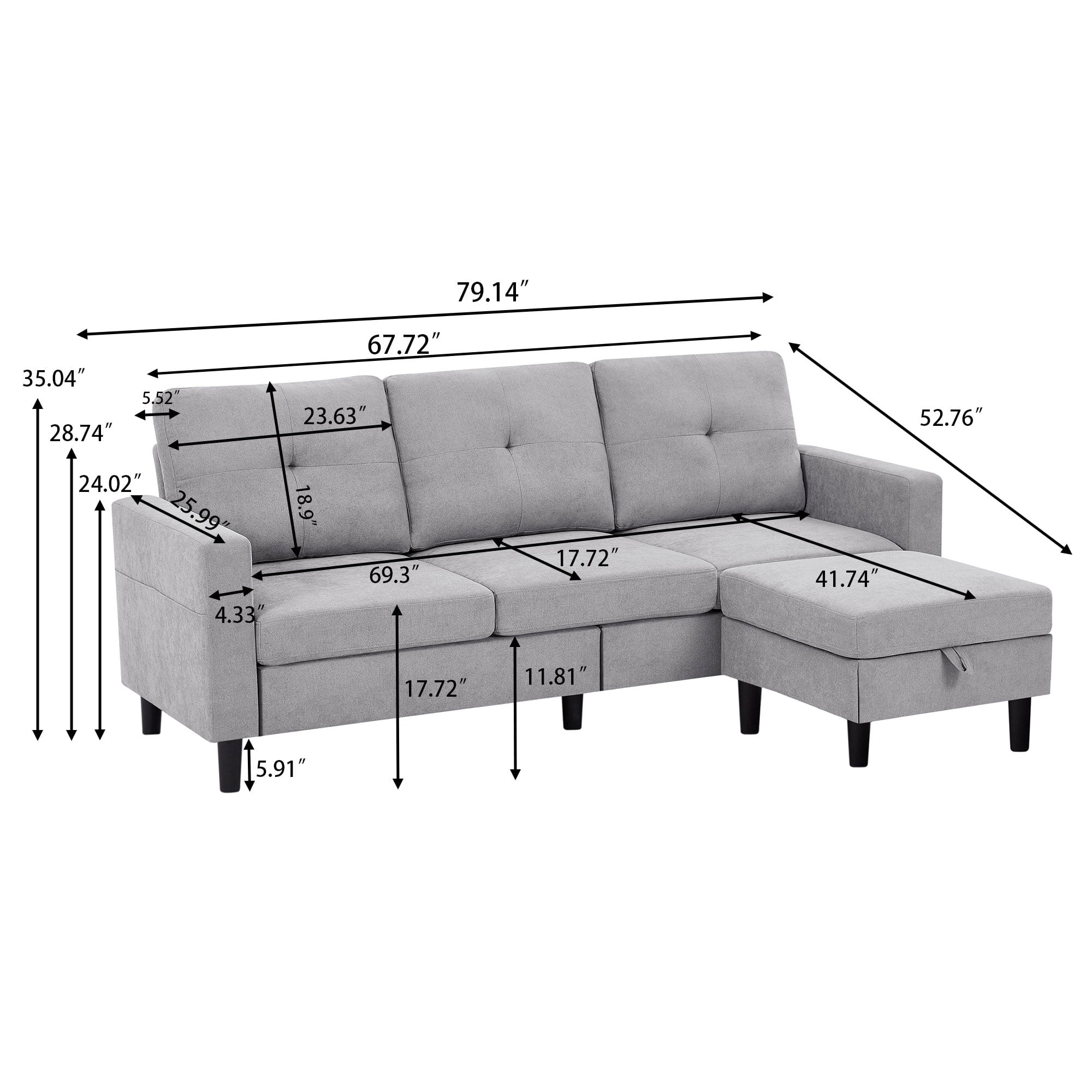 Pingliang Home Convertible Sectional Sofa with Footstool Living Room Sofa Couch with Storage Ottoman and Side Pockets,Modern 3 Seat L Shaped Couches