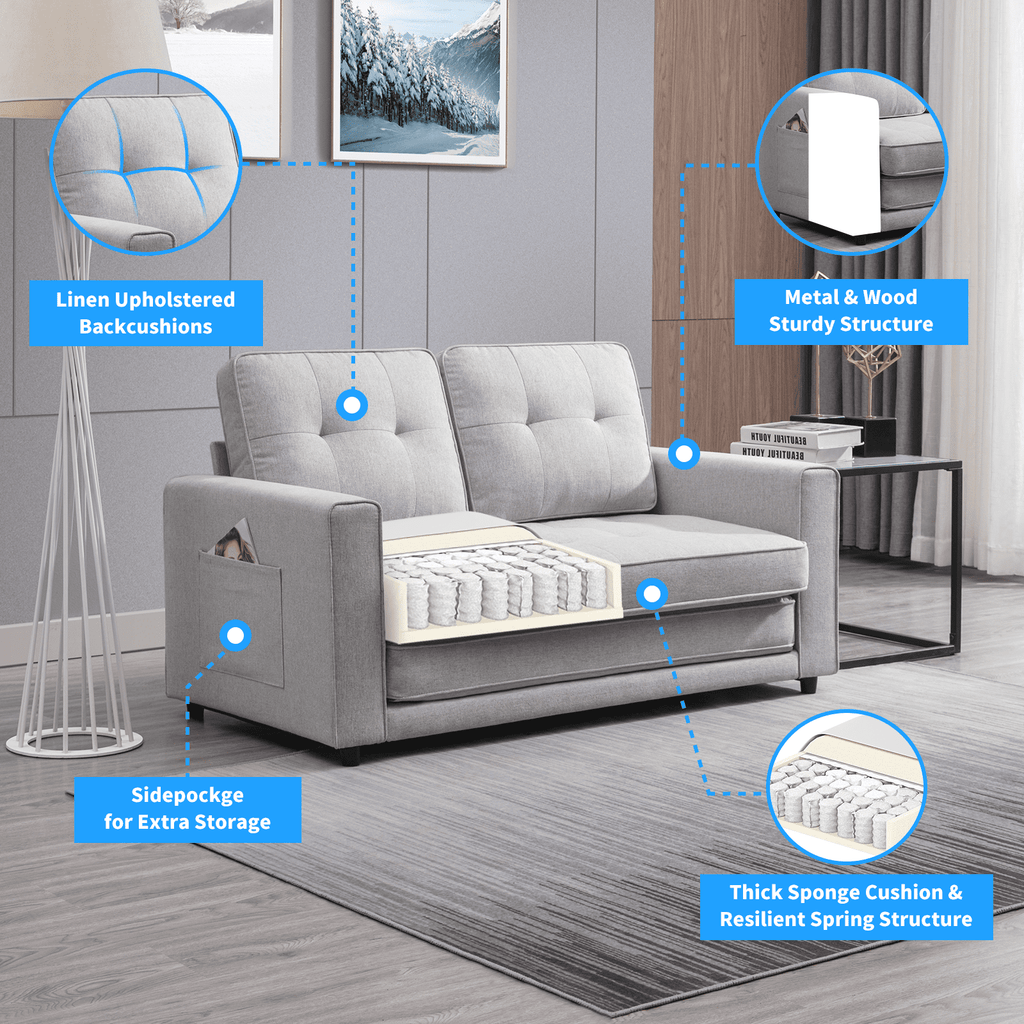 BALUS Loveseat Sleeper Sofa, 55.5"*84.5" Convertible Futon Sofa Bed with Pull out Couch, Folding couch bed,Linen, Light Grey
