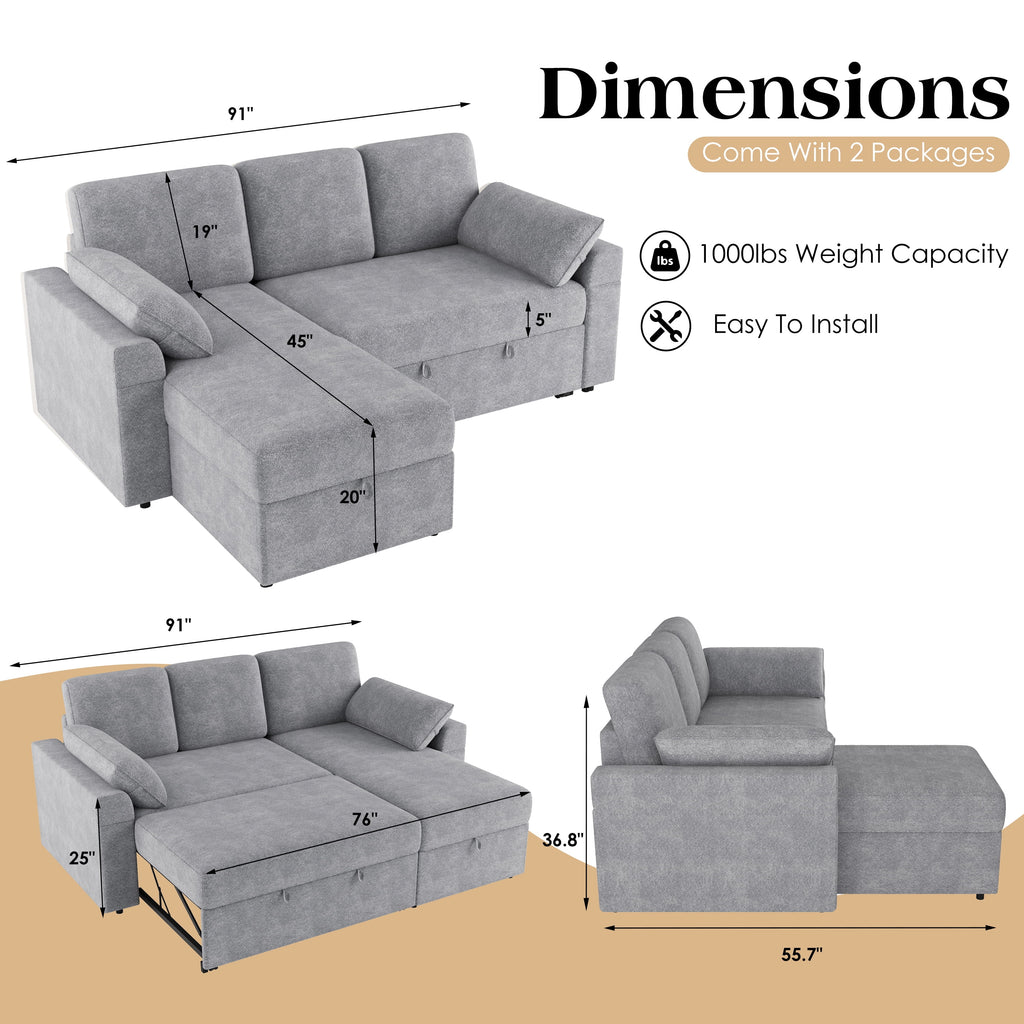 VANACC 91" Sectional Sofa Bed with Storage,Reversible Pull Out Sleeper Couch for Living Room,Grey