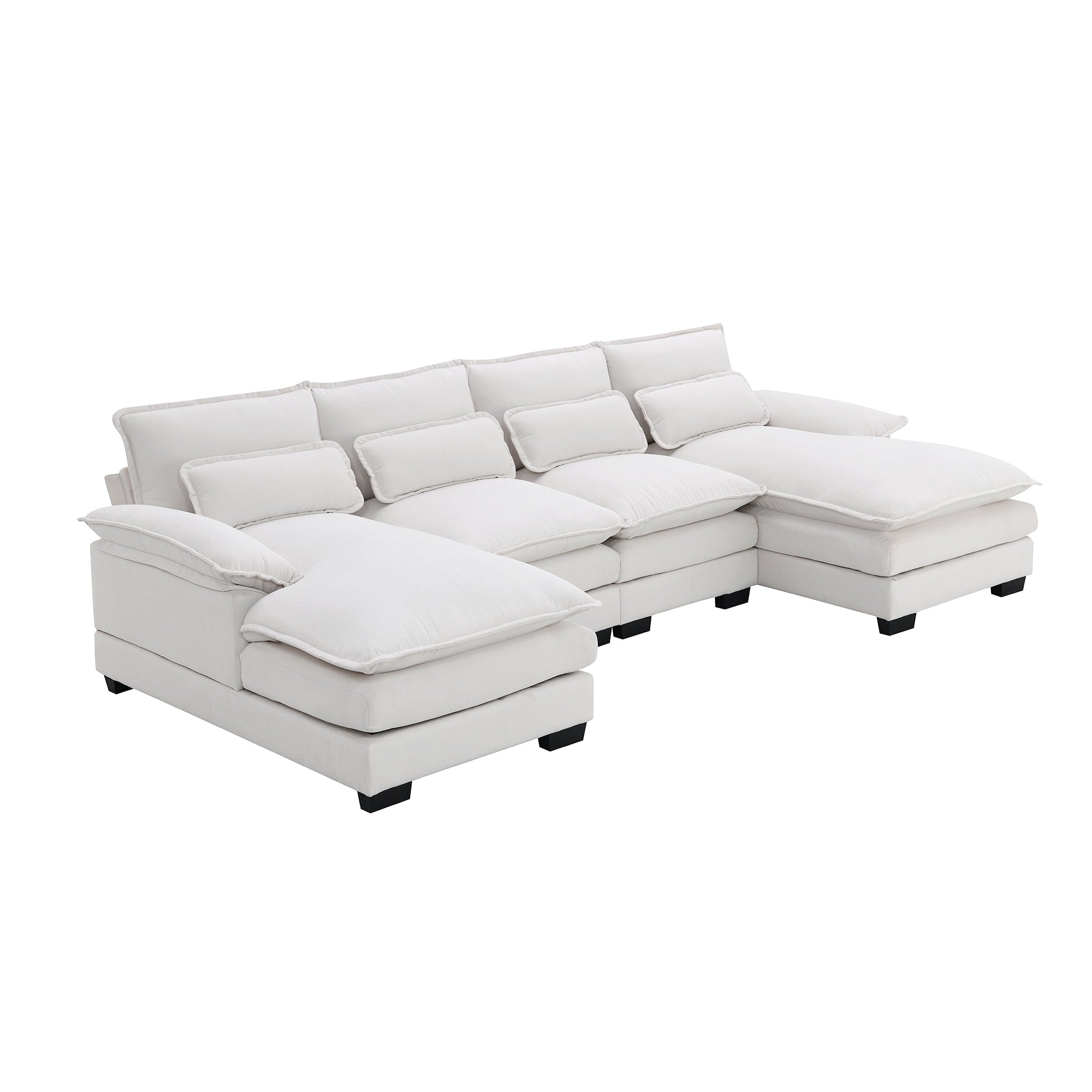 EUROCO 109.8” U-shaped Sectional Sofa Couch, 6-Seat Sofa  with Waist Pillows,Modern Chenille Modular Sofa Sleeper  with Double Chaise for Living Room, Apartment, White