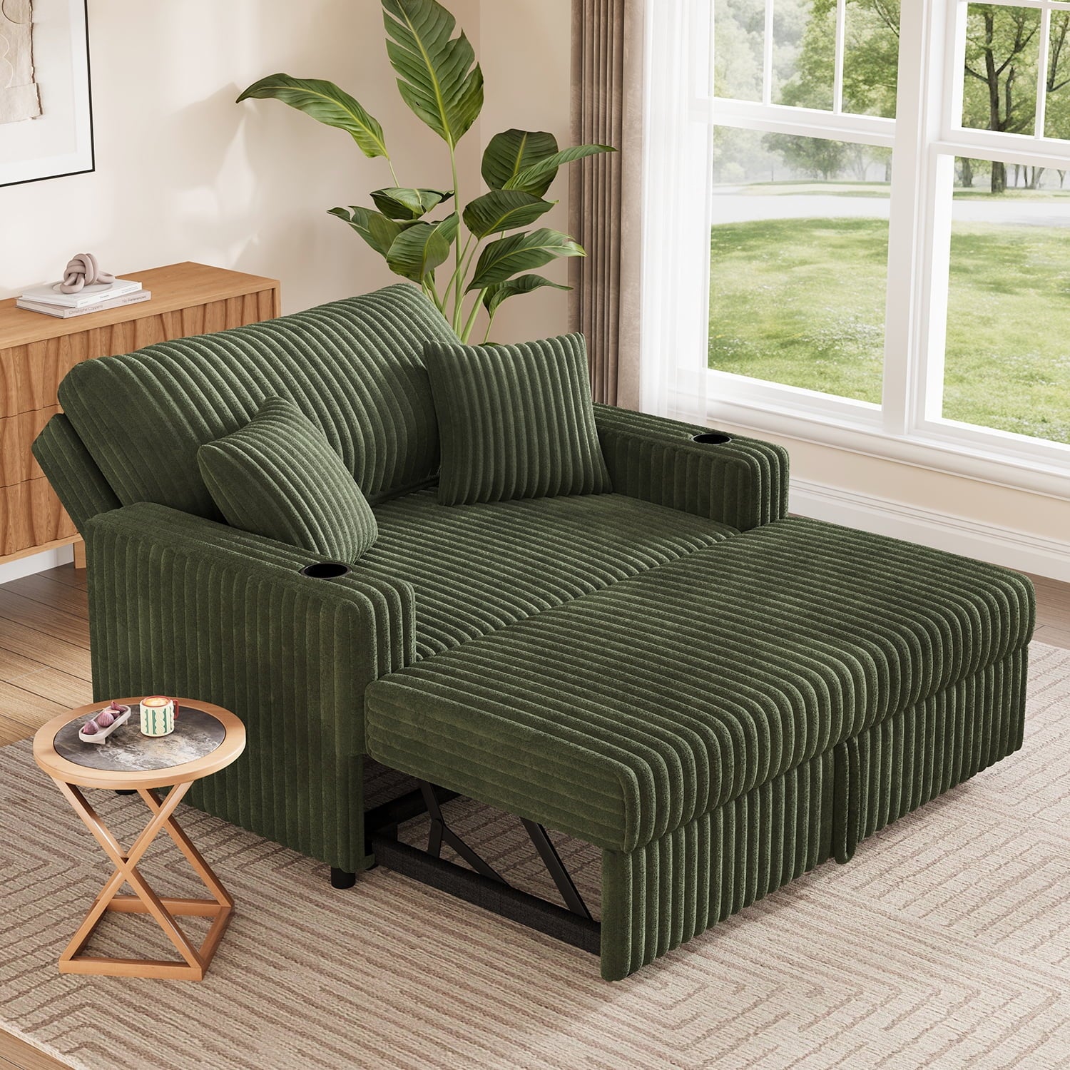 HONBAY Green 52” 3-in-1 Convertible Pull-Out Sofa Bed Sleeper Loveseat with Reclining Backrest, Built-in Cup Holders, Pet-Friendly Corduroy Sofa for Small Space