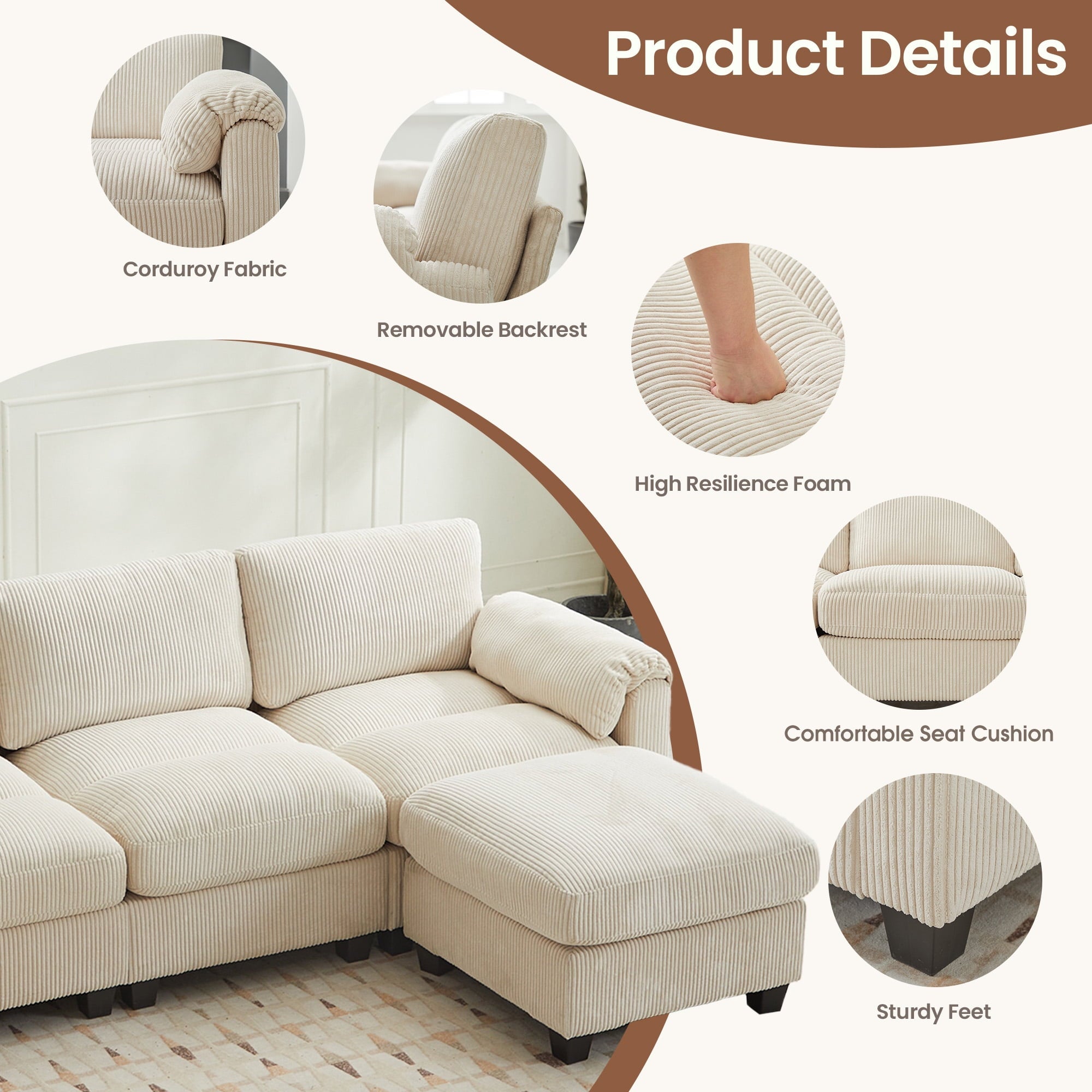JUSTLET Modular Sectional Sofa, L Shaped Corduroy Sofa Couch, Modular Sectionals with Ottomans, 4 Seat Sofa Couch with Chaise for Living Room Bedroom, Beige