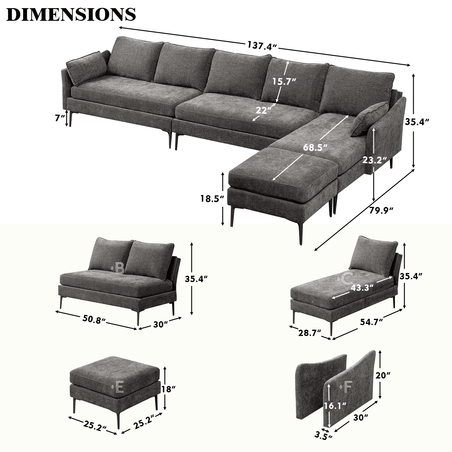 Hommow L Shaped Sectional Sofa Chenille Convertible Sectional Couch with Chaise Lounge and Ottman for Living Room,Grey