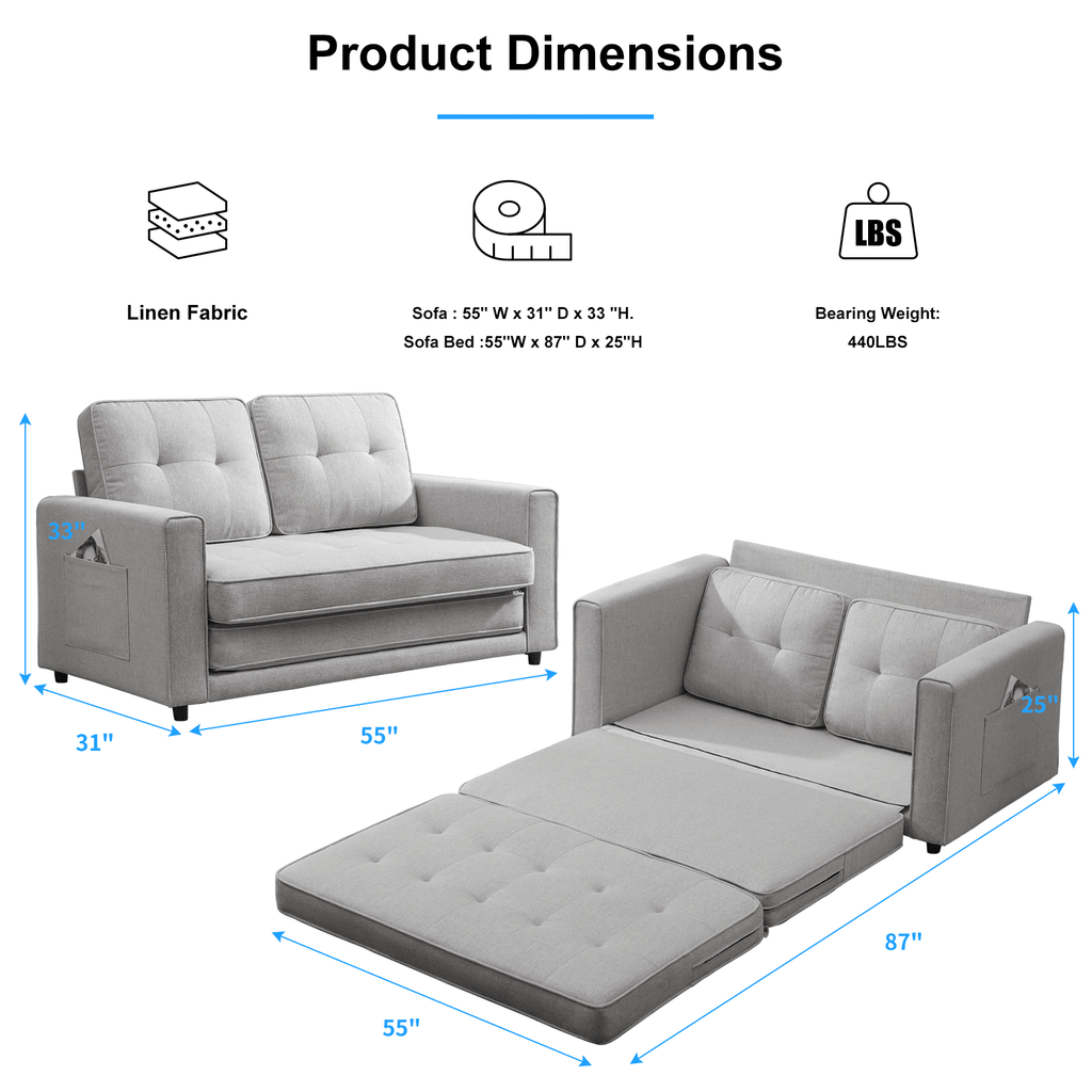 BALUS Loveseat Sleeper Sofa, 55.5"*84.5" Convertible Futon Sofa Bed with Pull out Couch, Folding couch bed,Linen, Light Grey