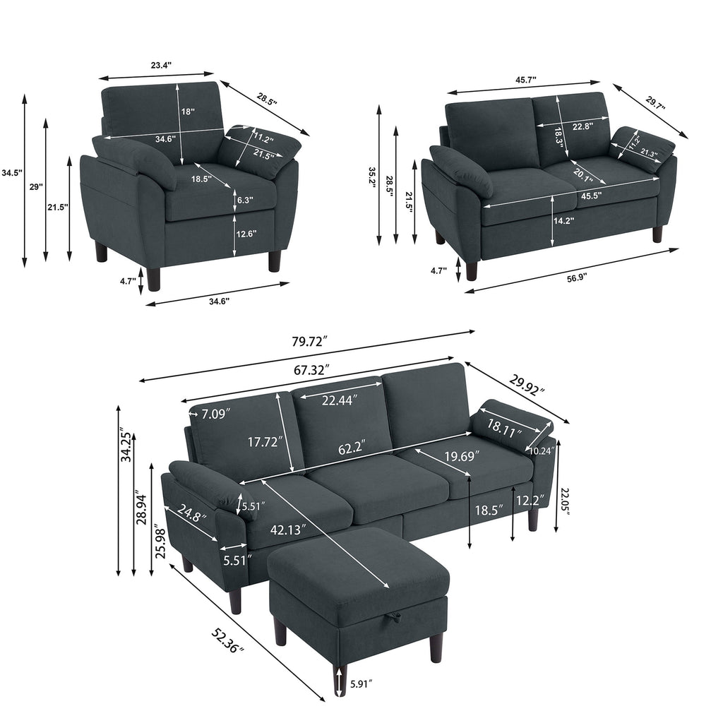 Jarenie 4 Piece Convertible Sectional Sofa Set, Modern Linen Small L Shaped Couch with Reversible Chaise, 3-Seater Sofa & Loveseat & Armchair for Living Room, Office, Apartment, Dark Grey
