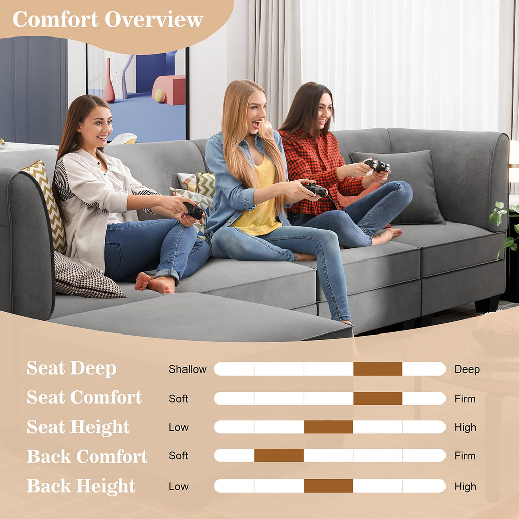 Sobaniilo 116" Sectional Sofa Couch with Reversible Chaise， Velvet L-Shaped Couch Sofa 4-seat Modular Large Sectional Couch with Ottoman for Living Room, Upholstered Cushion, Gray