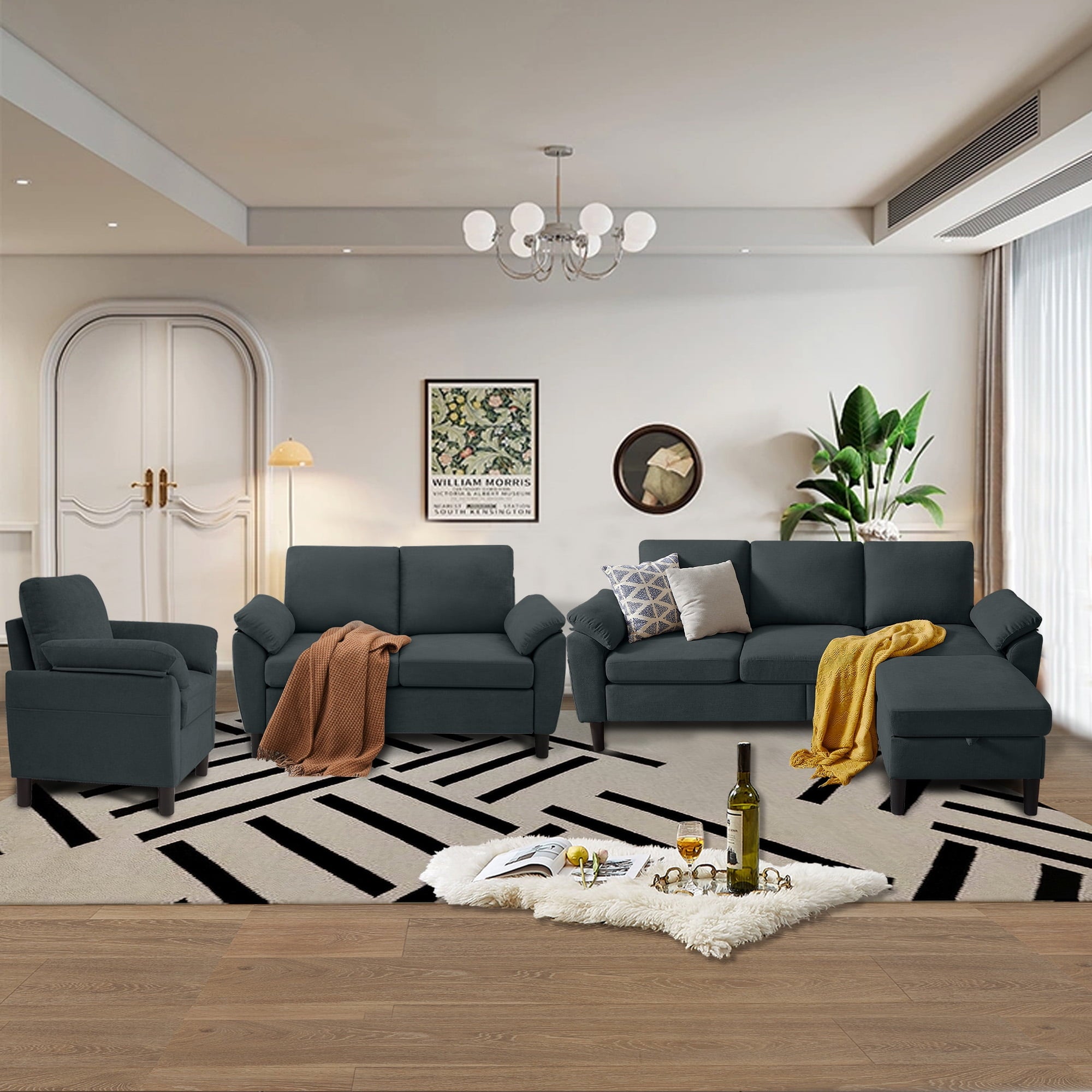 Jarenie 4 Piece Convertible Sectional Sofa Set, Modern Linen Small L Shaped Couch with Reversible Chaise, 3-Seater Sofa & Loveseat & Armchair for Living Room, Office, Apartment, Dark Grey