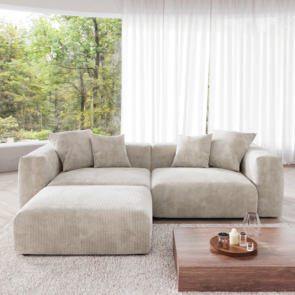 Magic Home Convertible Sectional Sofa Modular Couch,L-Shaped Modern Corduroy Sofa with Pillows for Living Room,Apartment and Small Space,2-Seat Sofa with one Ottoman,Beige