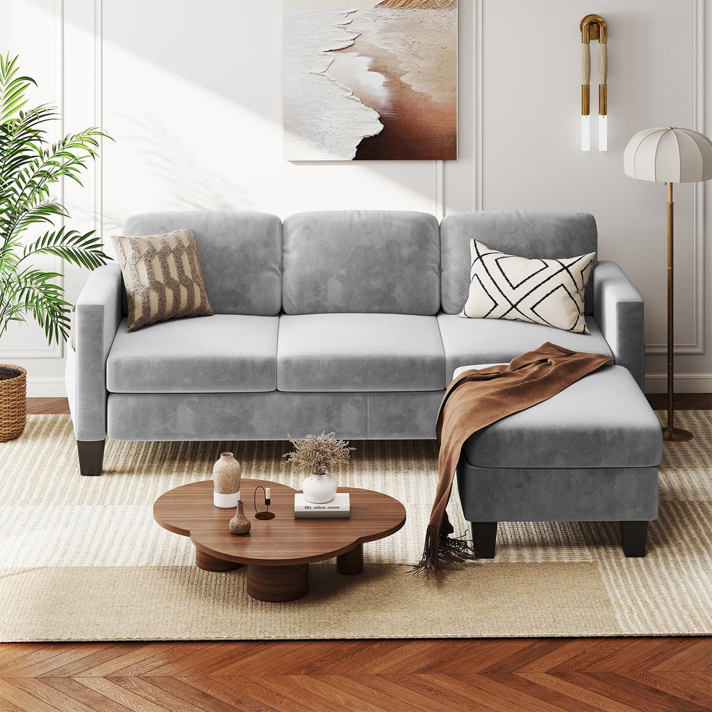 Pinmoco L-Shaped Sectional Sofa Couch for Living Room, 3 Seat Velvet Convertible Sofa with Movable Storage Ottoman and Side Pockets, Gray