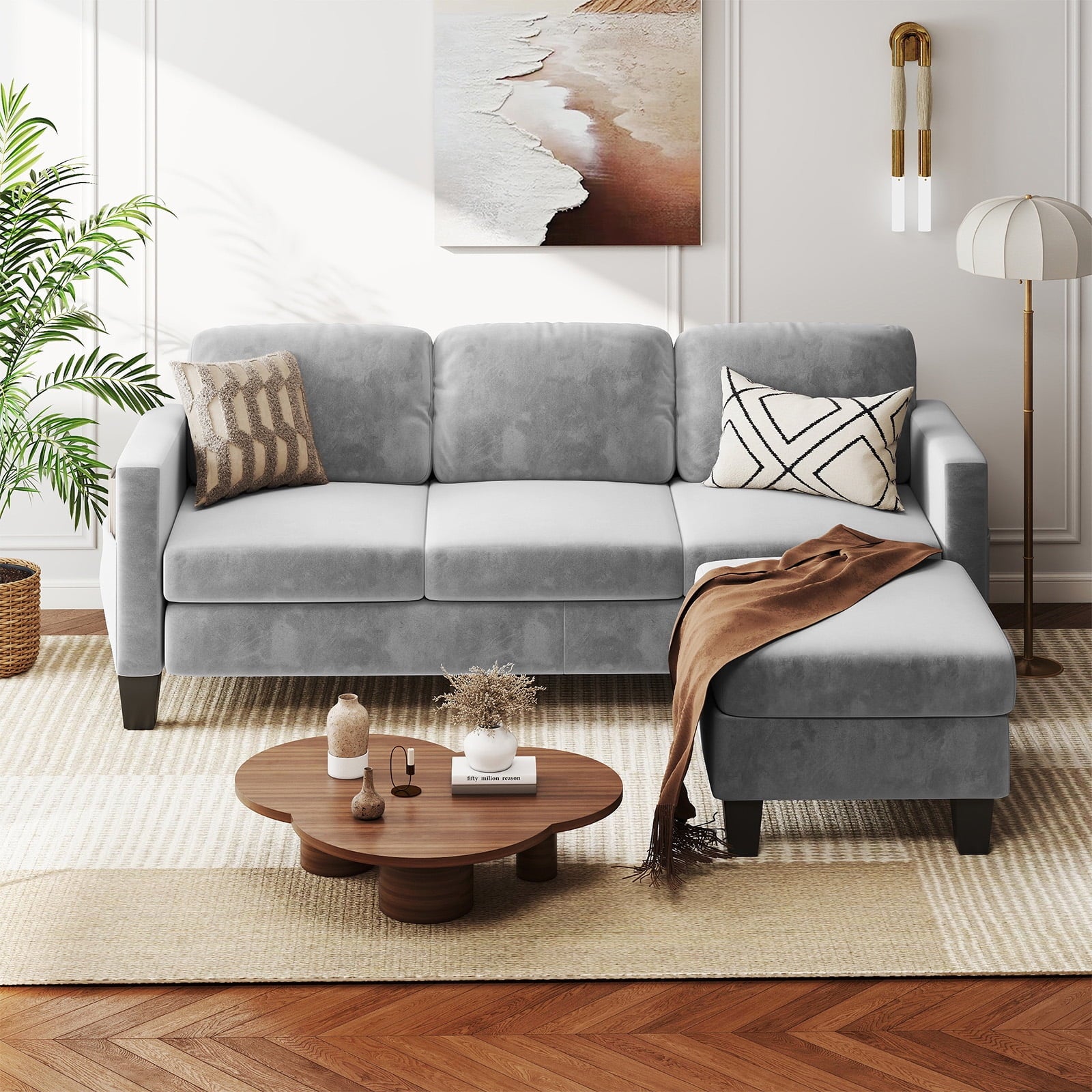 Pinmoco L-Shaped Sectional Sofa Couch for Living Room, 3 Seat Velvet Convertible Sofa with Movable Storage Ottoman and Side Pockets, Gray