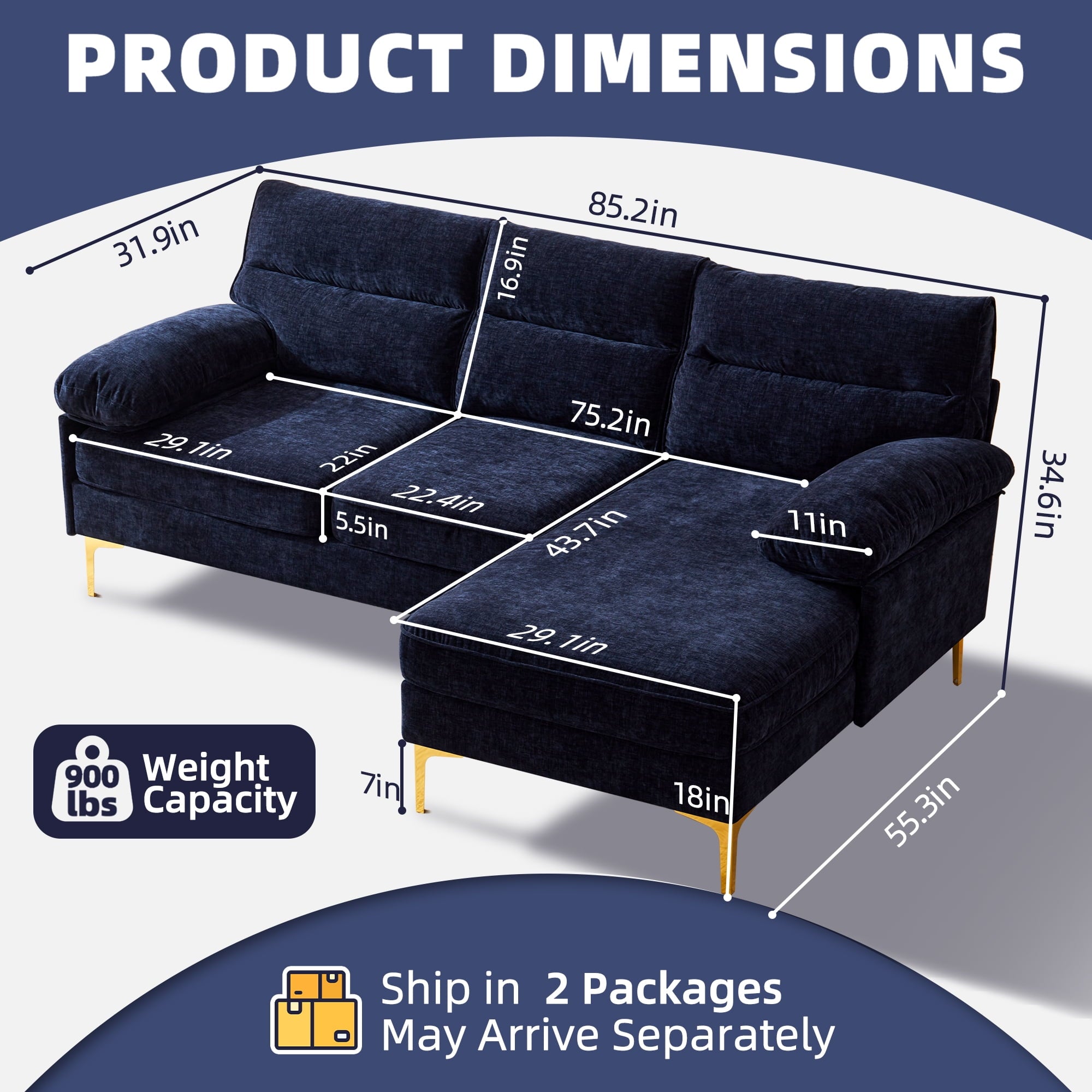 BedLuxury 85'' Sectional Sofa for Living Room,L Shape Couch 3 Seater Comfy Sofa with Reversible Chaise for Apartment, Small Space,Blue