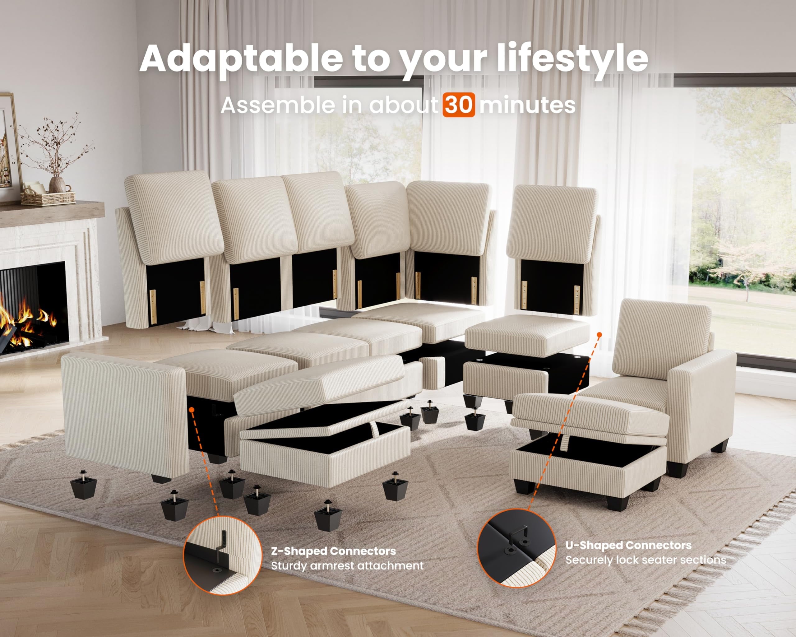 CHIC HOUSE 111" Sectional Sofa with Storage Ottoman Chaise, Corduroy U Shaped Sofa Convertible Sectional Couches for Living Room, 6 Seater Corner Modular Sofa with Deep Seat Throw Pillows,Beige