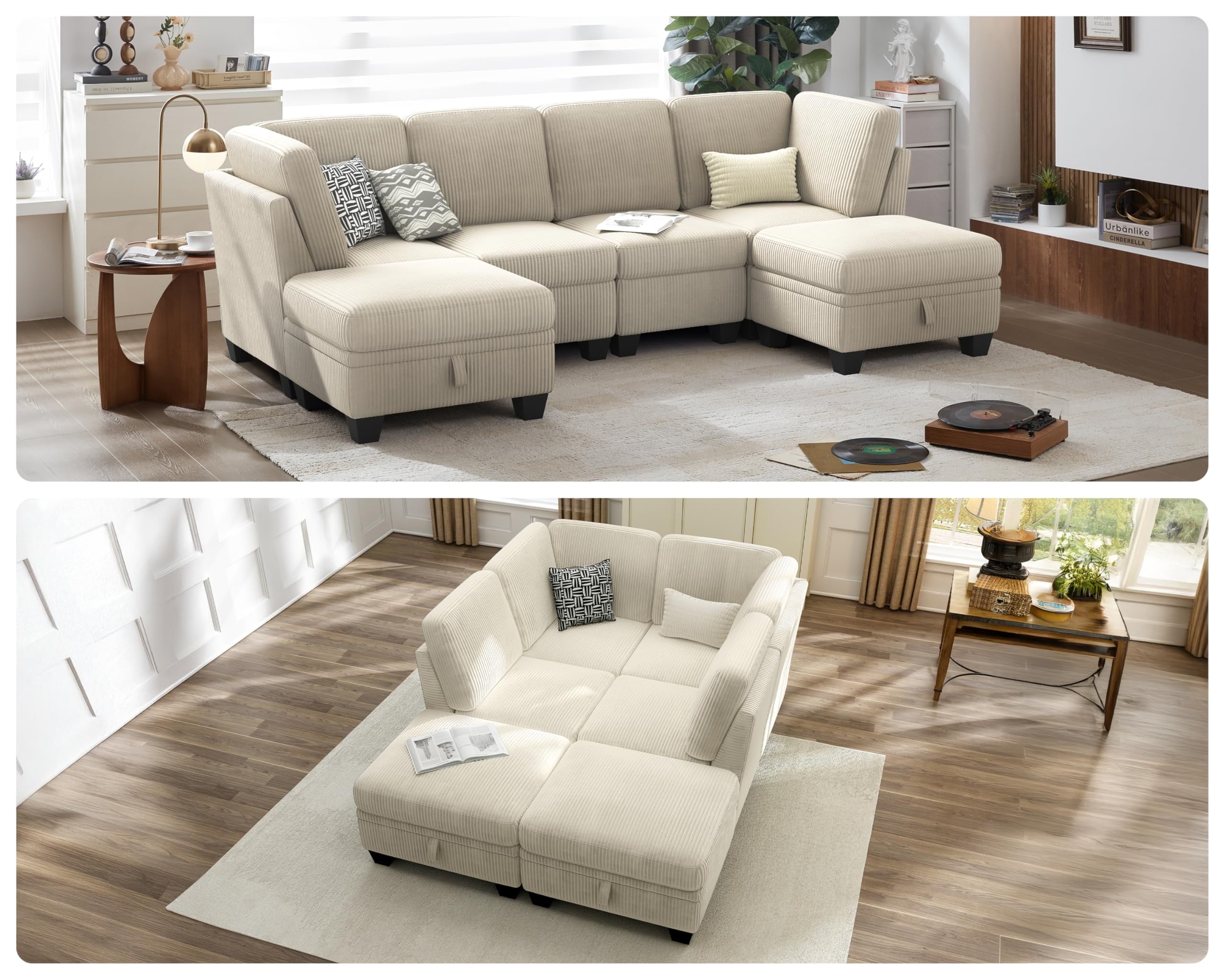 CHIC HOUSE 111" Sectional Sofa with Storage Ottoman Chaise, Corduroy U Shaped Sofa Convertible Sectional Couches for Living Room, 6 Seater Corner Modular Sofa with Deep Seat Throw Pillows,Beige