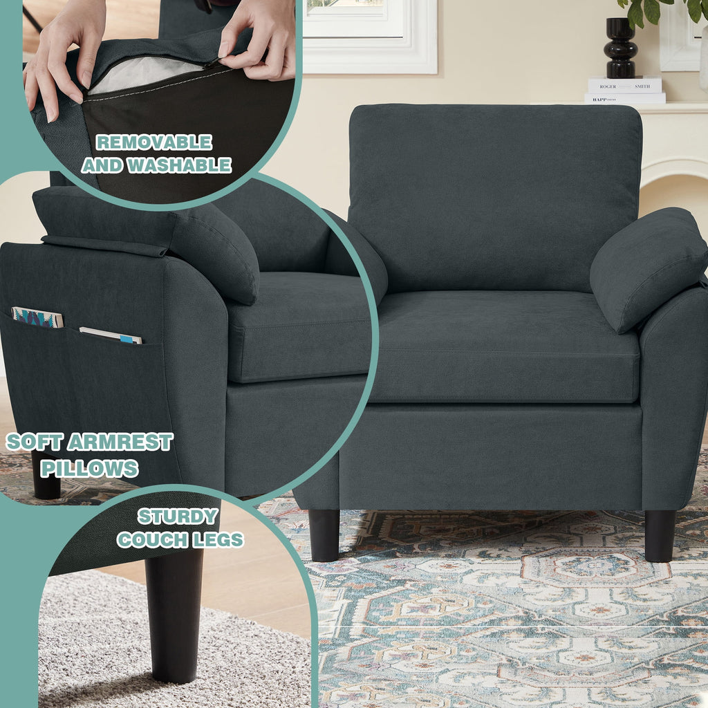 Jarenie 4 Piece Convertible Sectional Sofa Set, Modern Linen Small L Shaped Couch with Reversible Chaise, 3-Seater Sofa & Loveseat & Armchair for Living Room, Office, Apartment, Dark Grey