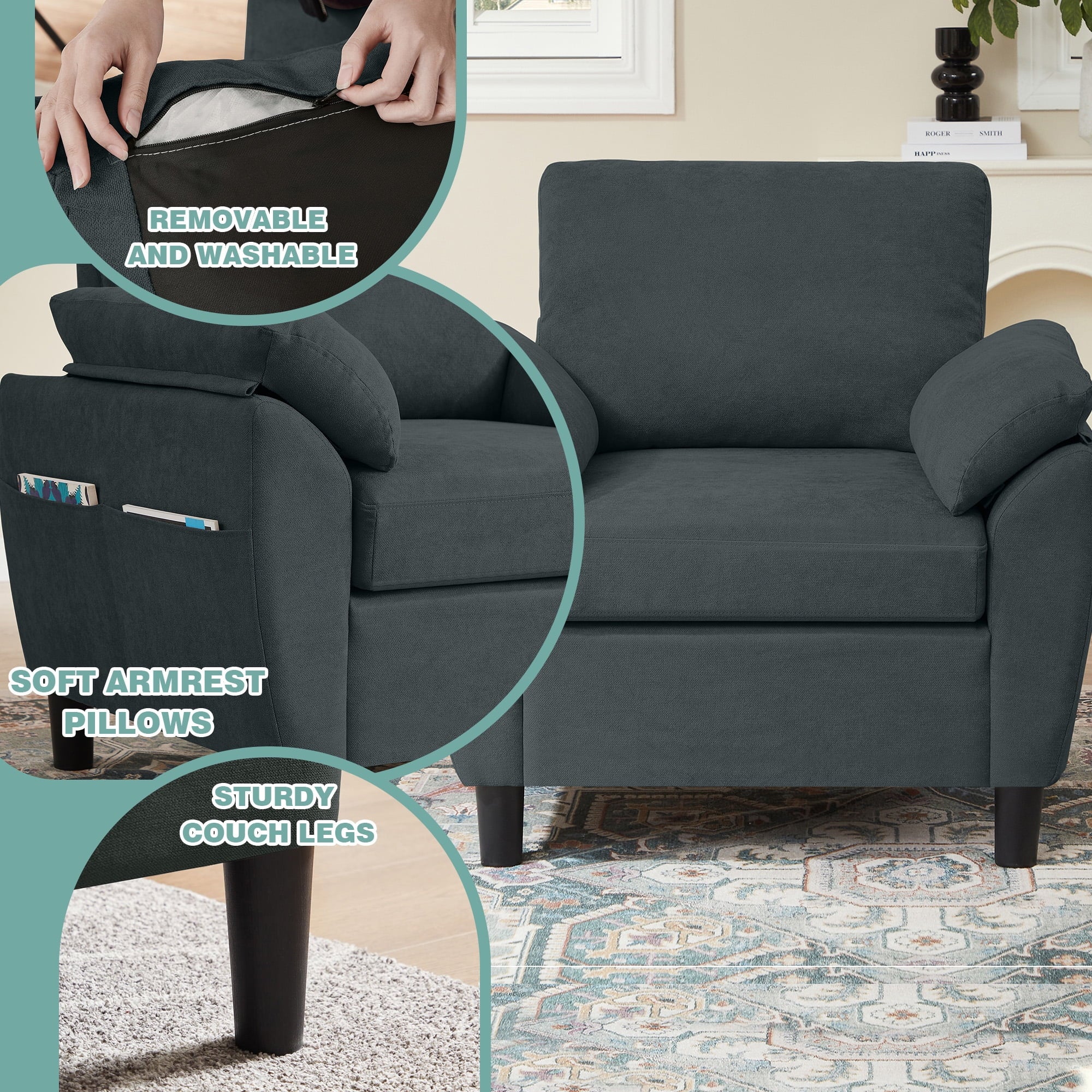 Jarenie 4 Piece Convertible Sectional Sofa Set, Modern Linen Small L Shaped Couch with Reversible Chaise, 3-Seater Sofa & Loveseat & Armchair for Living Room, Office, Apartment, Dark Grey