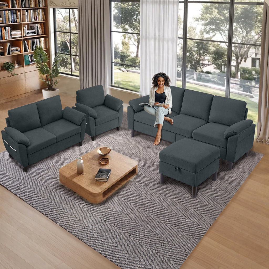 Jarenie 4 Piece Convertible Sectional Sofa Set, Modern Linen Small L Shaped Couch with Reversible Chaise, 3-Seater Sofa & Loveseat & Armchair for Living Room, Office, Apartment, Dark Grey
