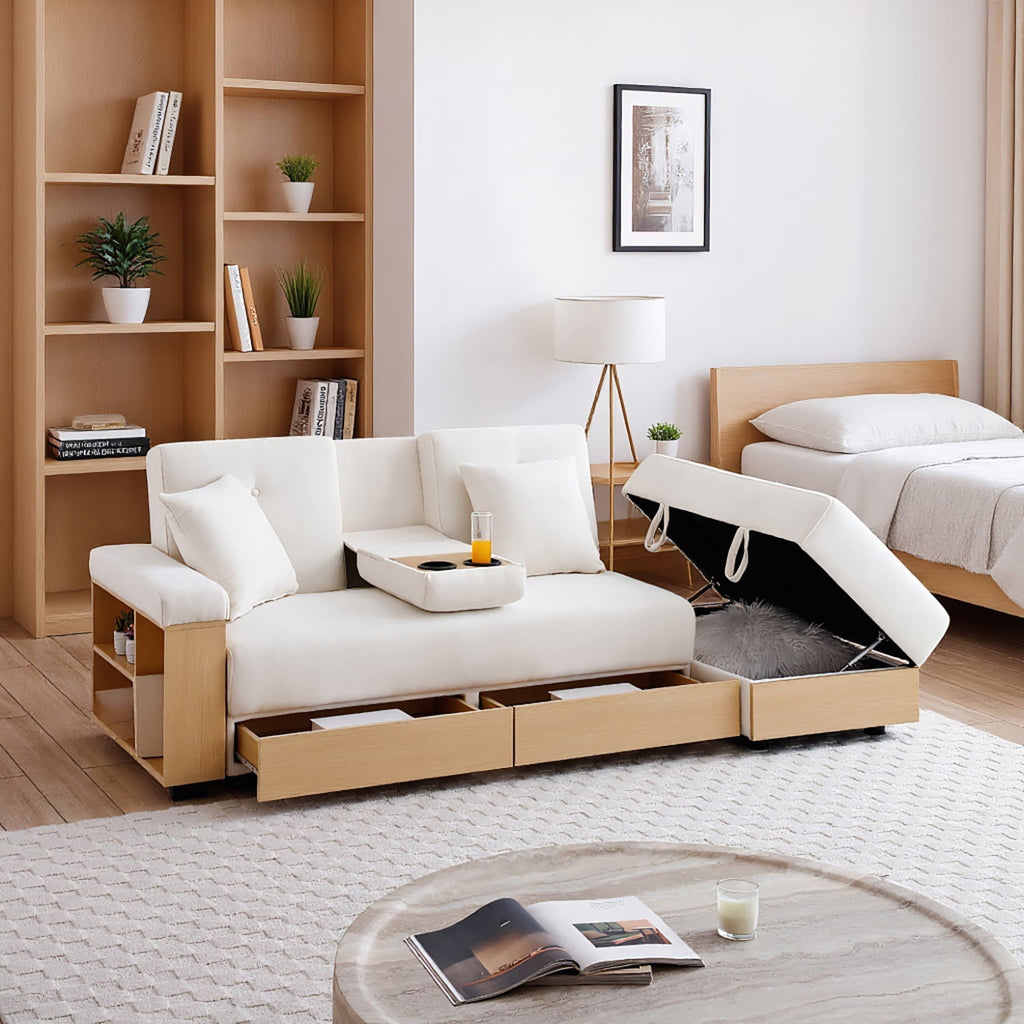 Resenkos Convertible Sleeper Sofa Couch, Double Folding Sofa Bed, Storage Ottoman, Arm Box/Drawer, Drop-Down Table - Beige