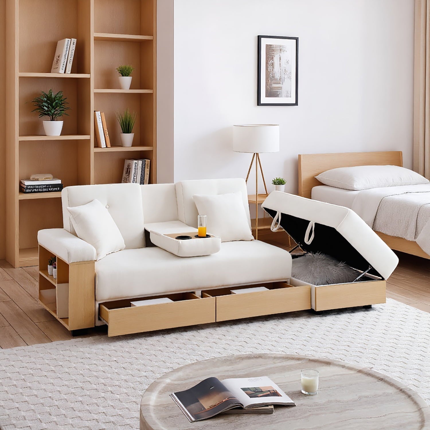 Resenkos Convertible Sleeper Sofa Couch, Double Folding Sofa Bed, Storage Ottoman, Arm Box/Drawer, Drop-Down Table - Beige