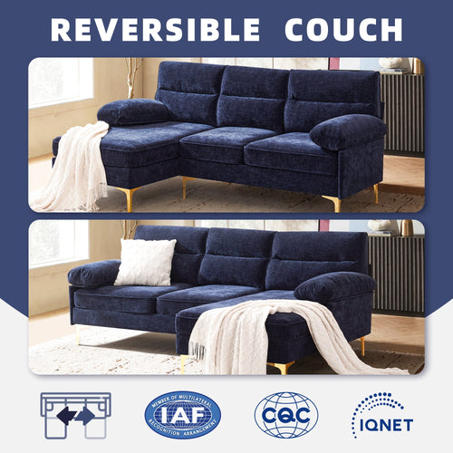 BedLuxury 85'' Sectional Sofa for Living Room,L Shape Couch 3 Seater Comfy Sofa with Reversible Chaise for Apartment, Small Space,Blue