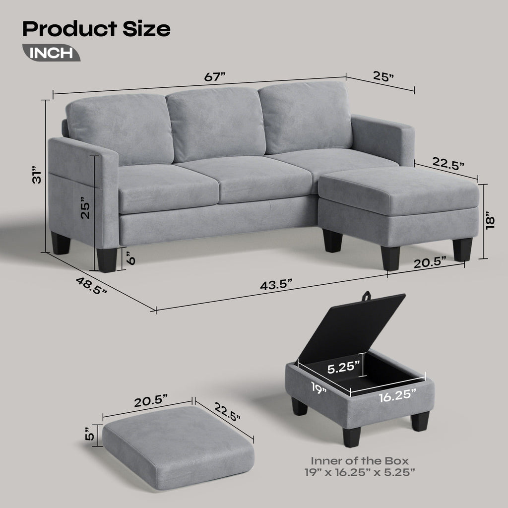 Pinmoco L-Shaped Sectional Sofa Couch for Living Room, 3 Seat Velvet Convertible Sofa with Movable Storage Ottoman and Side Pockets, Gray
