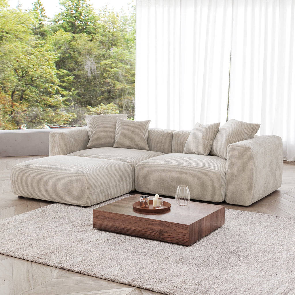 Magic Home Convertible Sectional Sofa Modular Couch,L-Shaped Modern Corduroy Sofa with Pillows for Living Room,Apartment and Small Space,2-Seat Sofa with one Ottoman,Beige