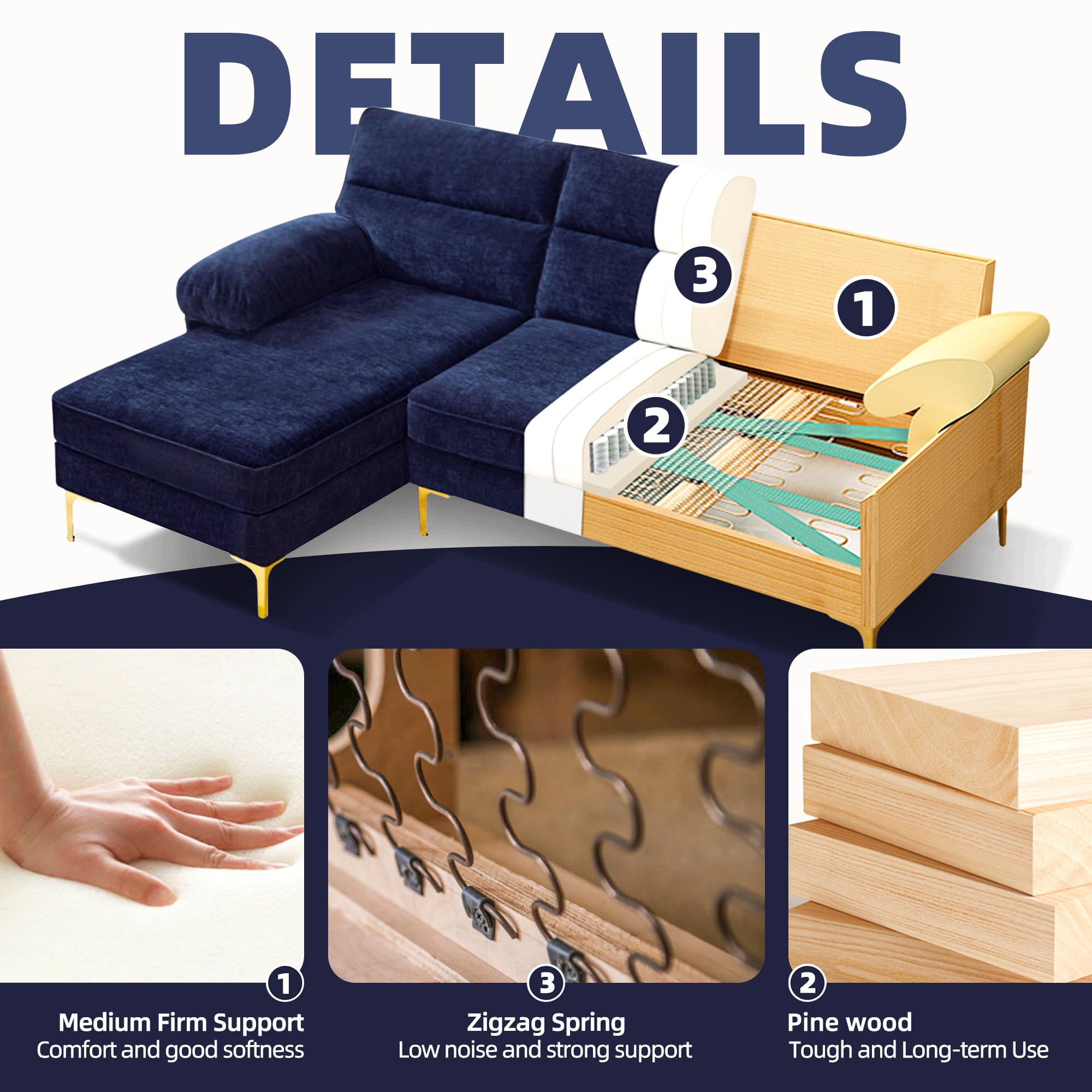 BedLuxury 85'' Sectional Sofa for Living Room,L Shape Couch 3 Seater Comfy Sofa with Reversible Chaise for Apartment, Small Space,Blue