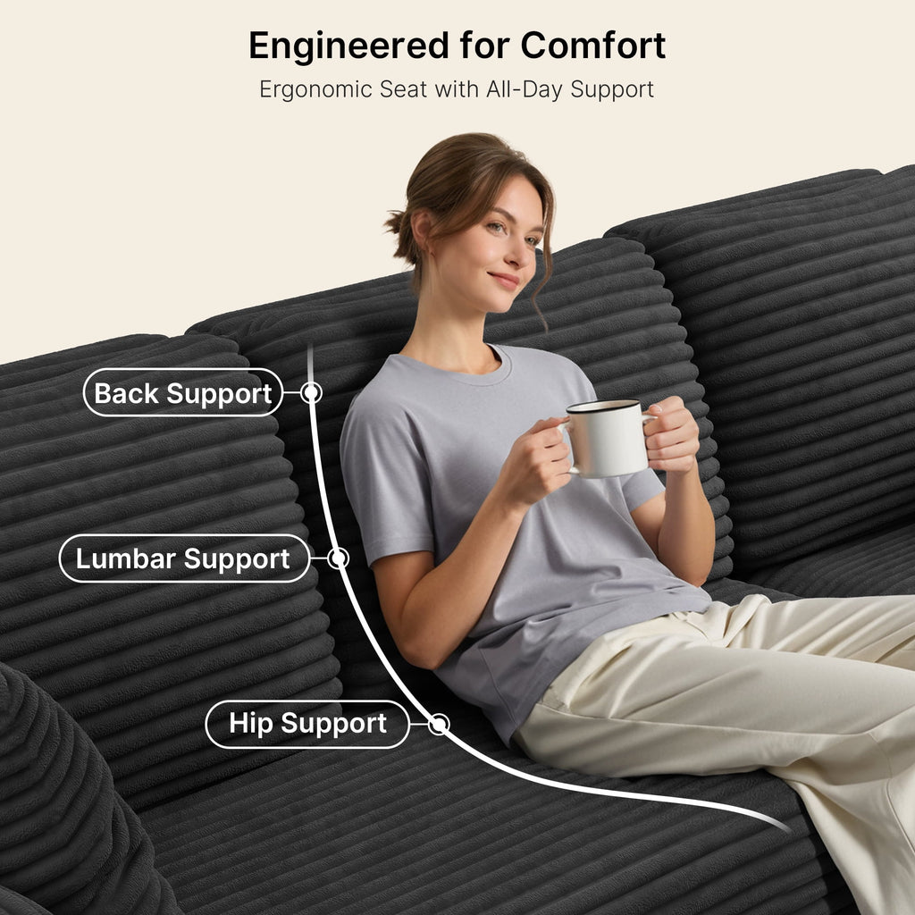 Modular Sectional Sofa, Lofka 105" Cloud Boneless Couch with L-Shape Chaise, No-Assembly Corduroy Couches for Living Room, Bedroom, Black Couch