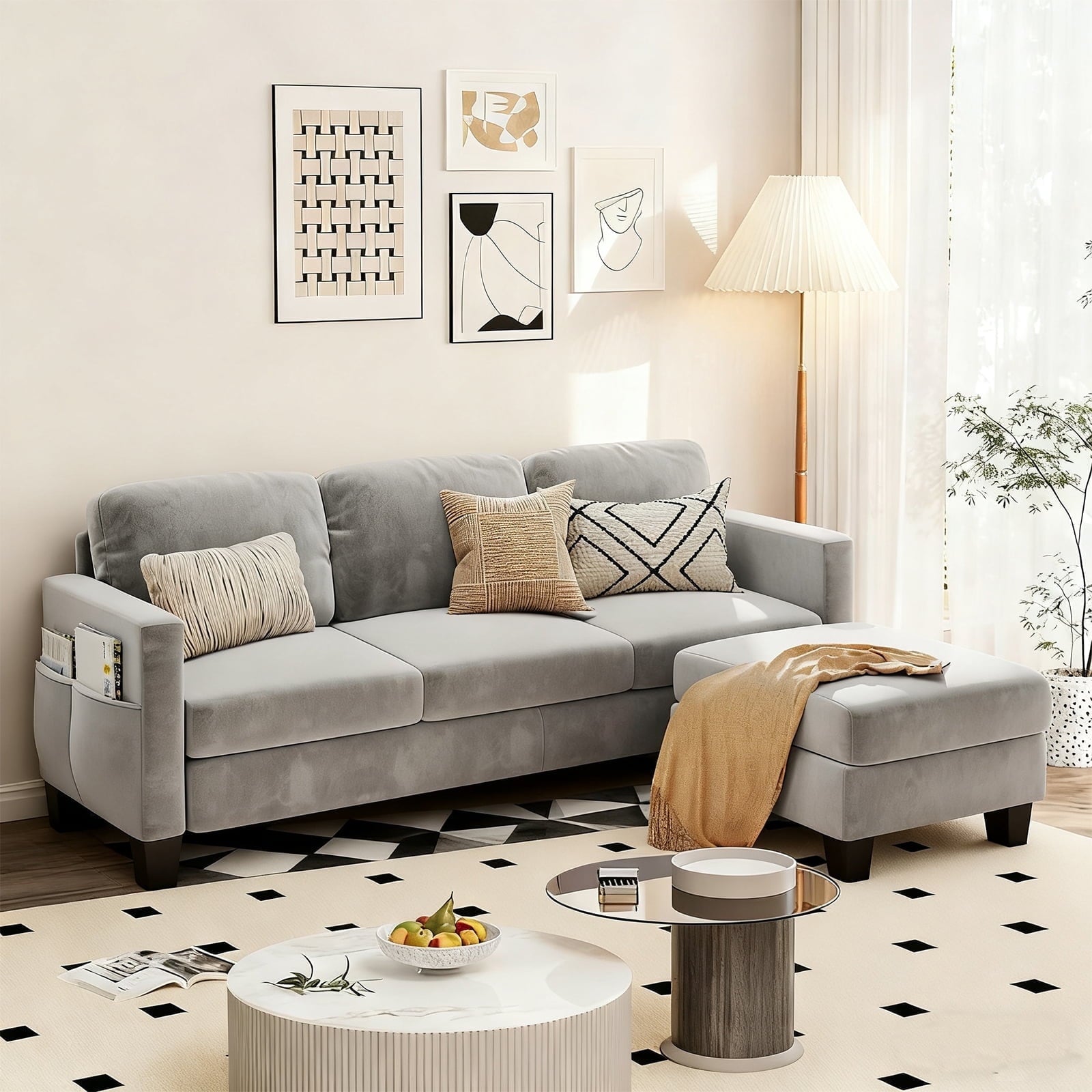 Pinmoco L-Shaped Sectional Sofa Couch for Living Room, 3 Seat Velvet Convertible Sofa with Movable Storage Ottoman and Side Pockets, Gray