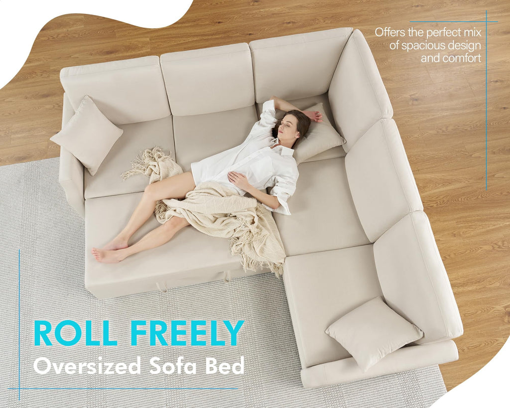 VANACC Sofa Bed, 85 Inch Sleeper Sofa with Pull Out Sofa Bed, L Shaped Couch with Storage Seat, Sectional Couches for Living Room Apartment, Beige Linen Sofa Couch