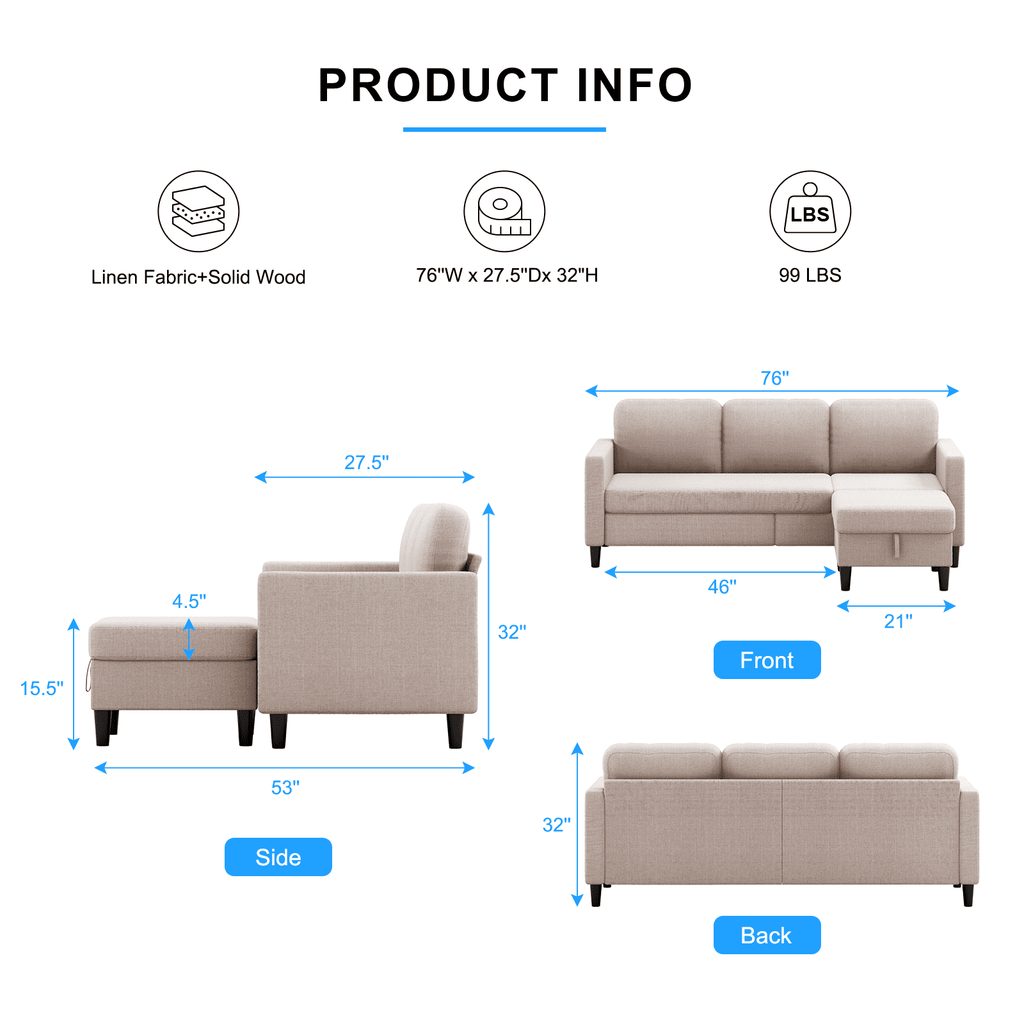MUZZ Sectional Sofa with Movable Storage Ottoman, Small L-Shaped Sectional Couch for Living Room/Apartment/Small Space, Beige